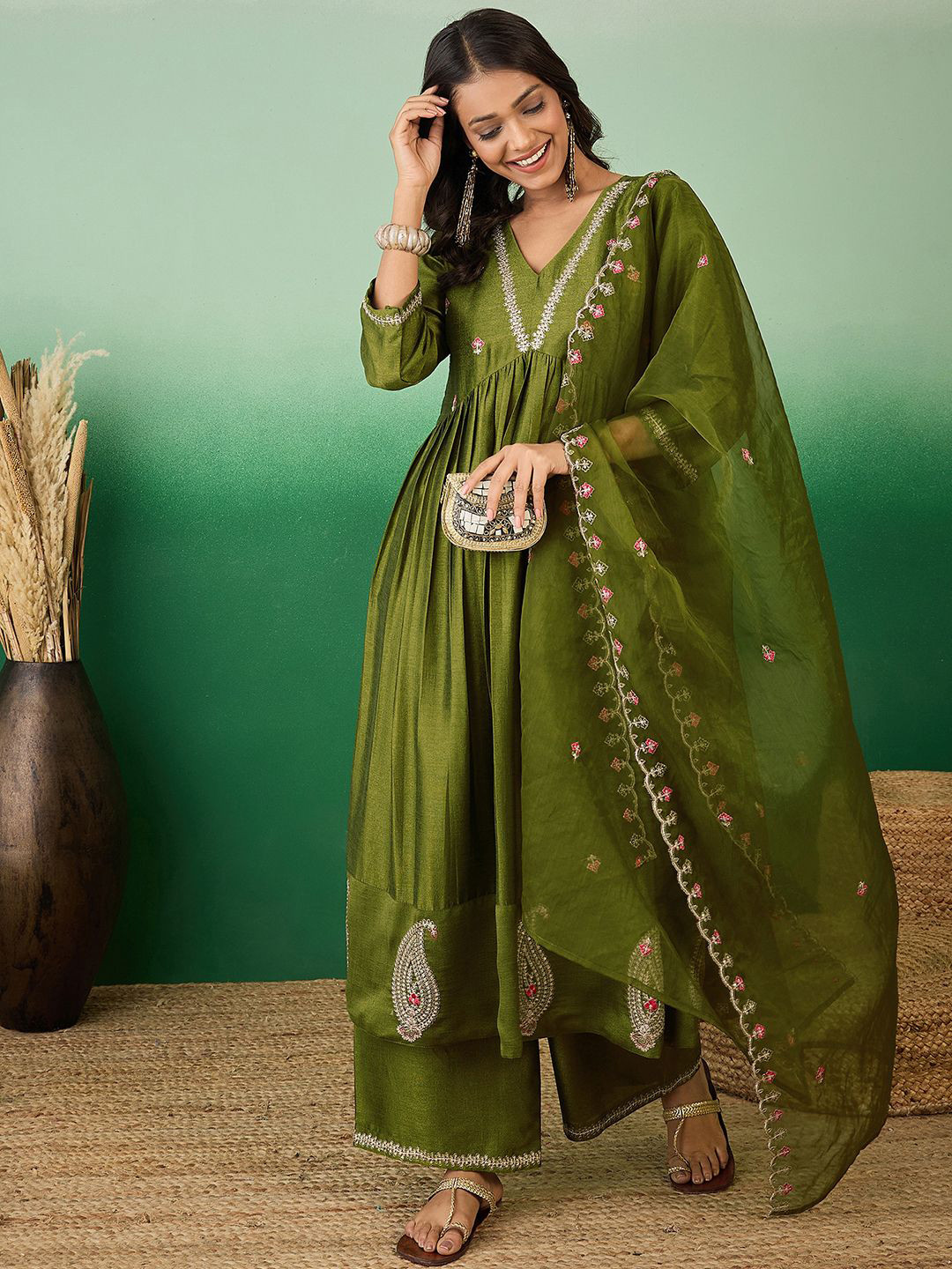 Sangria Olive Green Zari Sequence Embroidered A-Line Kurta With Palazzos & Dupatta