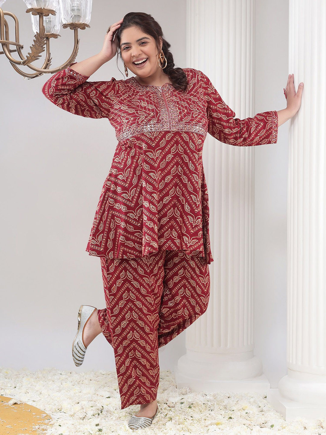 Bani Women Plus Size Bandhani Printed Mirror Work Round Neck Liva Kurti With Palazzos