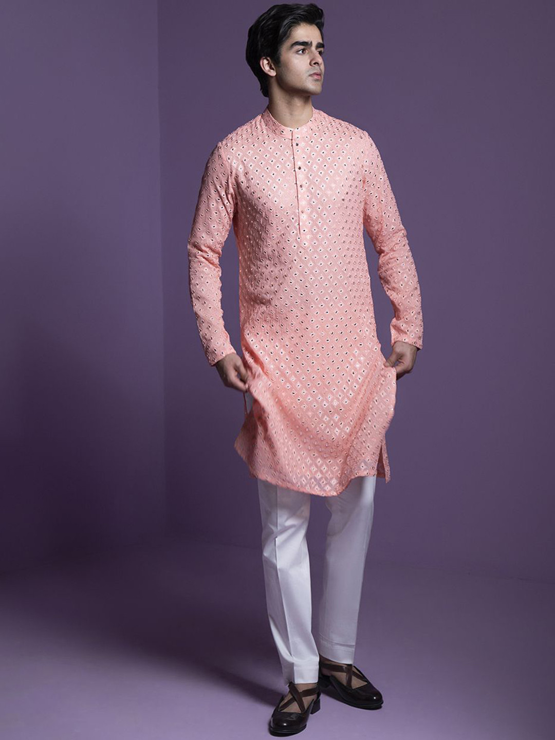 CONTRAST BY PARTH Embroidered Mandarin Collar Long Sleeves Mirror Work Kurta with Trouser