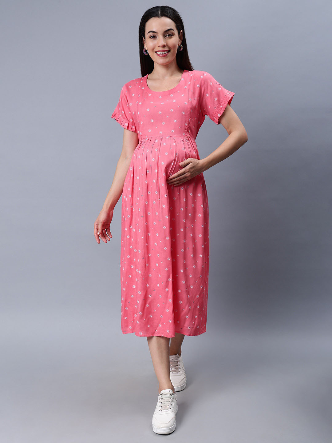 NIGHTSPREE Floral Printed Gathered Detail Fit & Flare Midi Maternity Dress