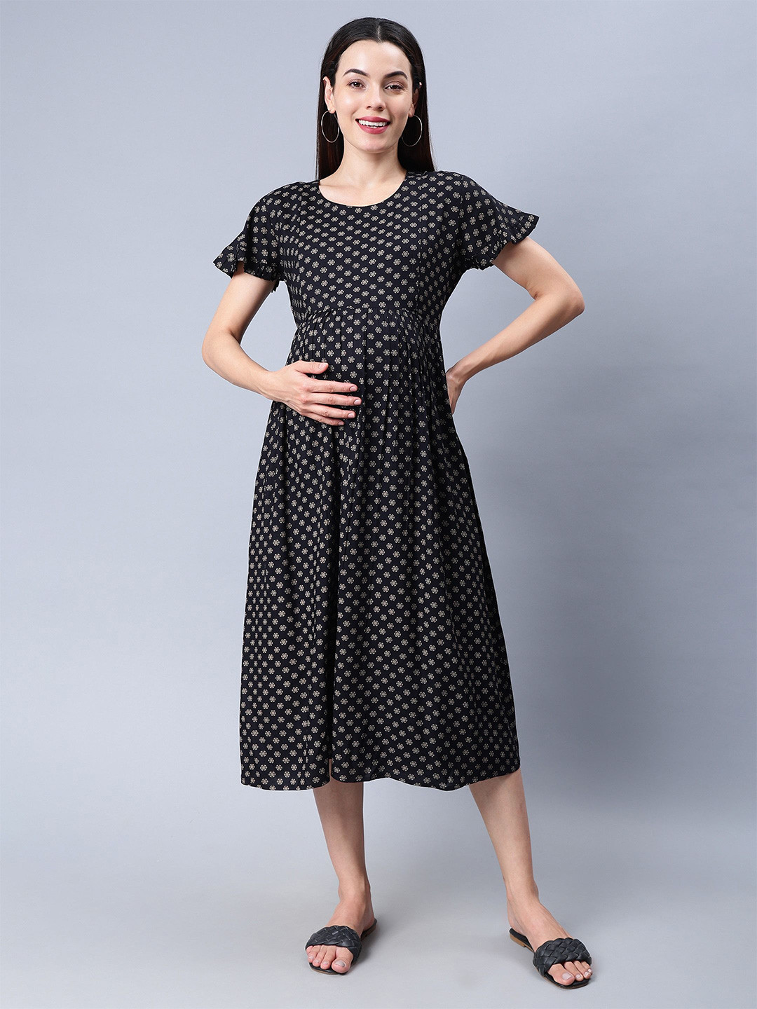 NIGHTSPREE Polka Dot Printed Maternity Fit & Flare Midi Dress