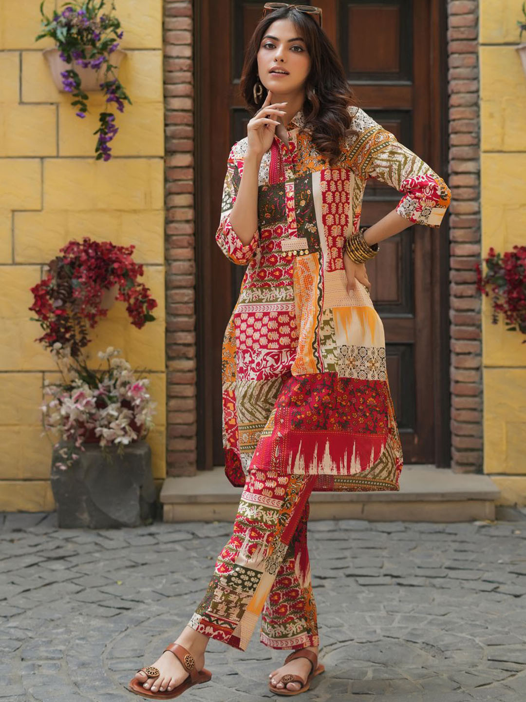 Rain & Rainbow Ethnic Motifs Printed Pure Cotton Tunic With Tourers Co-Ords