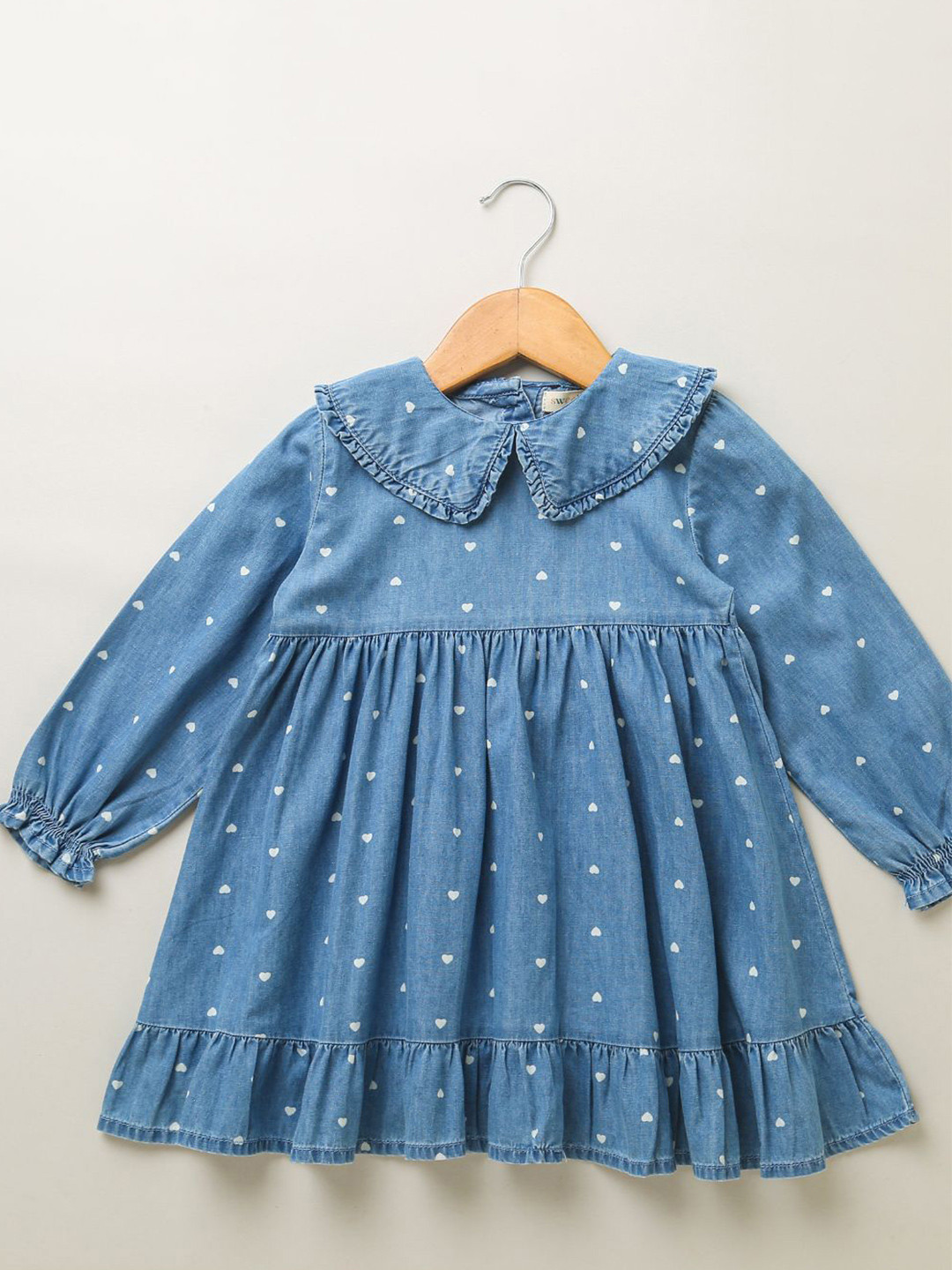 Sweetlime By AS Flamingo Embroidered Denim Ruffle Blue Dress