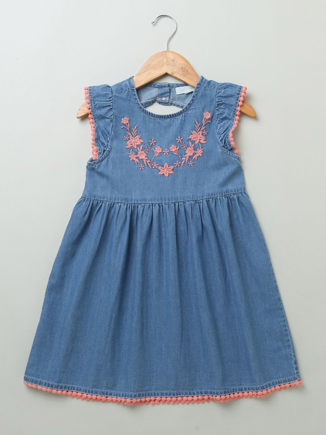 Sweetlime By AS Girls Embroidered Flutter Sleeves Cotton Denim Fit & Flare Dress