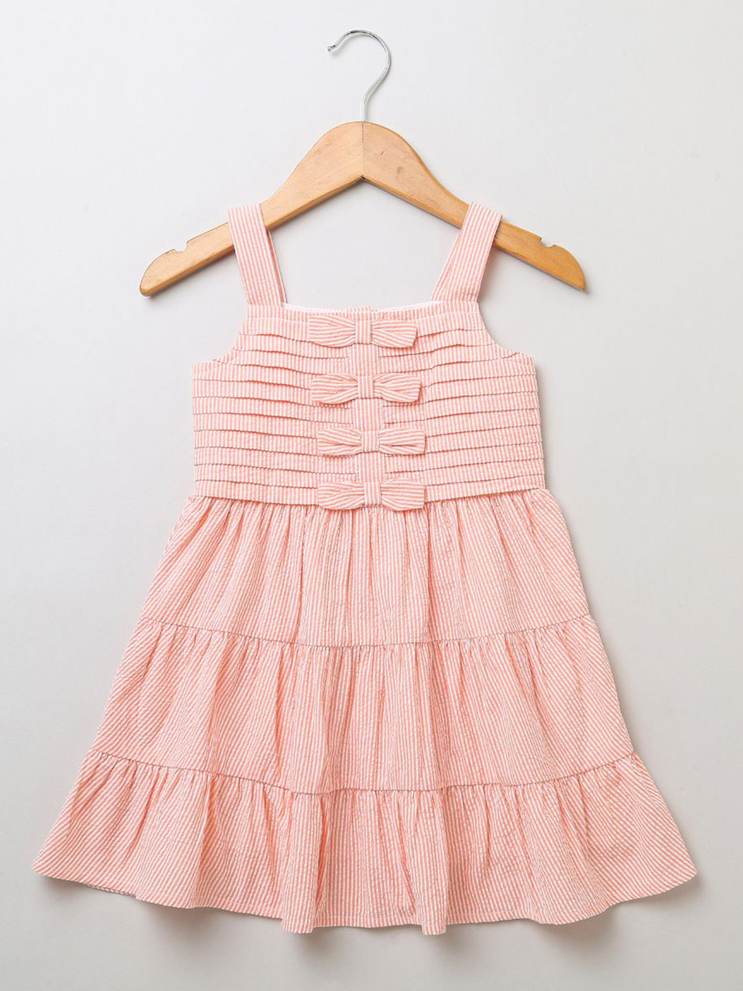 Sweetlime By AS Girls Striped Shoulder Straps Bow Detail Cotton Tiered Fit & Flare Dress