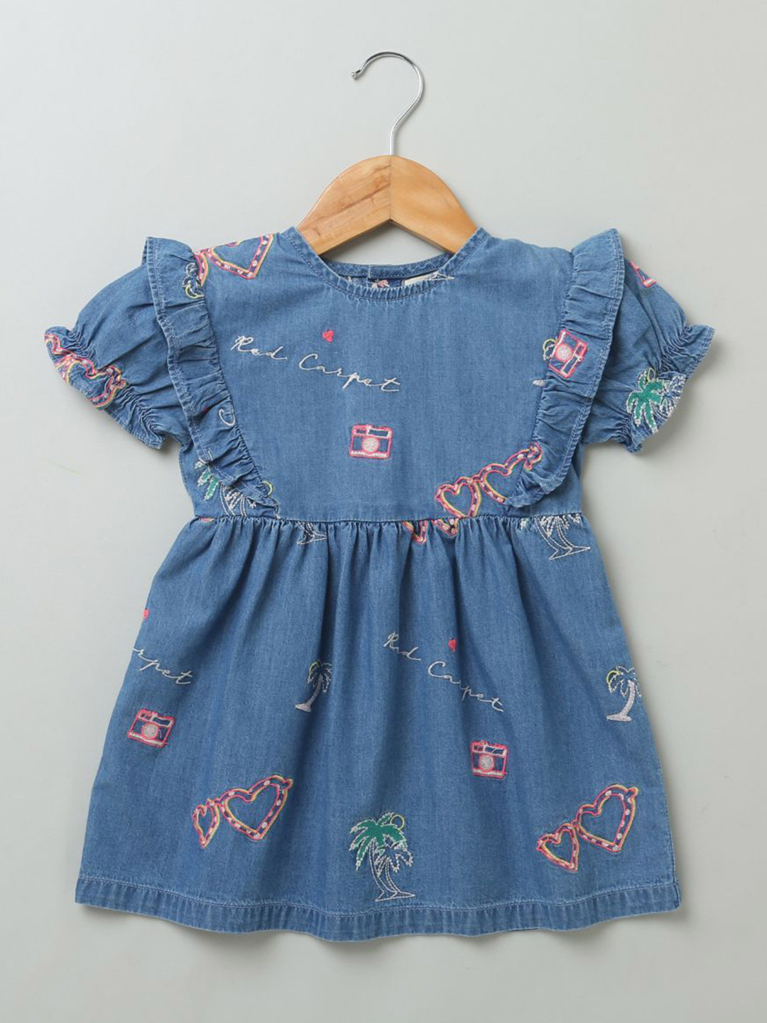 Sweetlime By AS Girls Conversational Printed Puff Sleeves Denim Ruffles Fit & Flare Dress