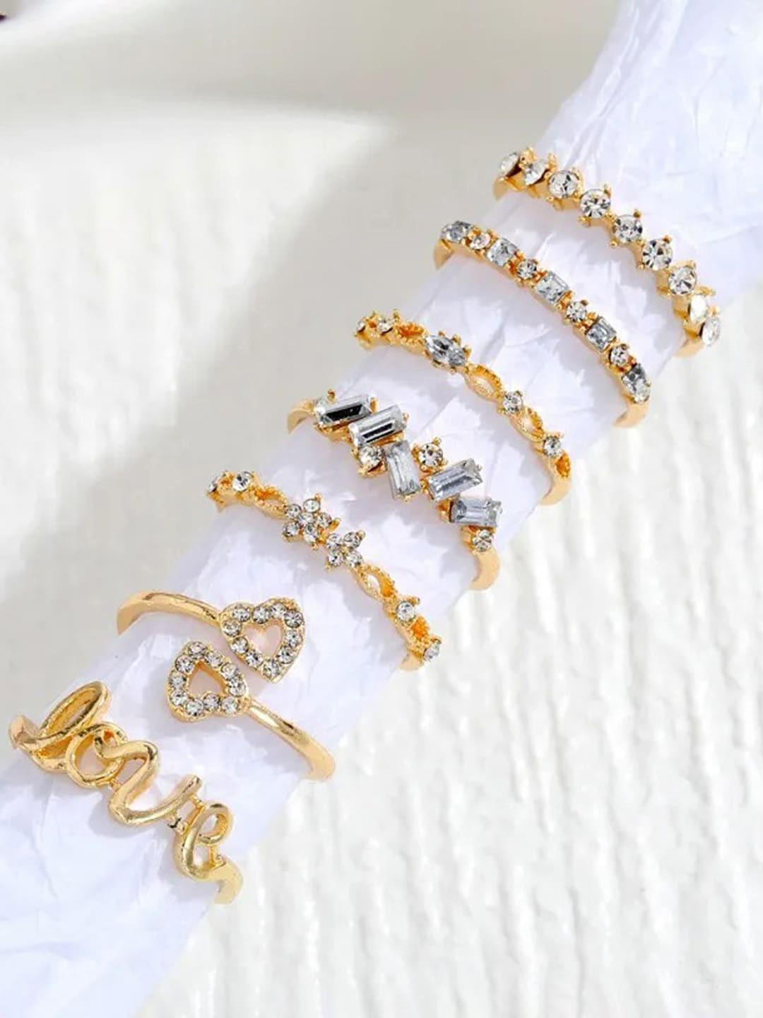 JEWELS GALAXY Set Of 7 Gold-Plated Stone-Studded Finger Rings