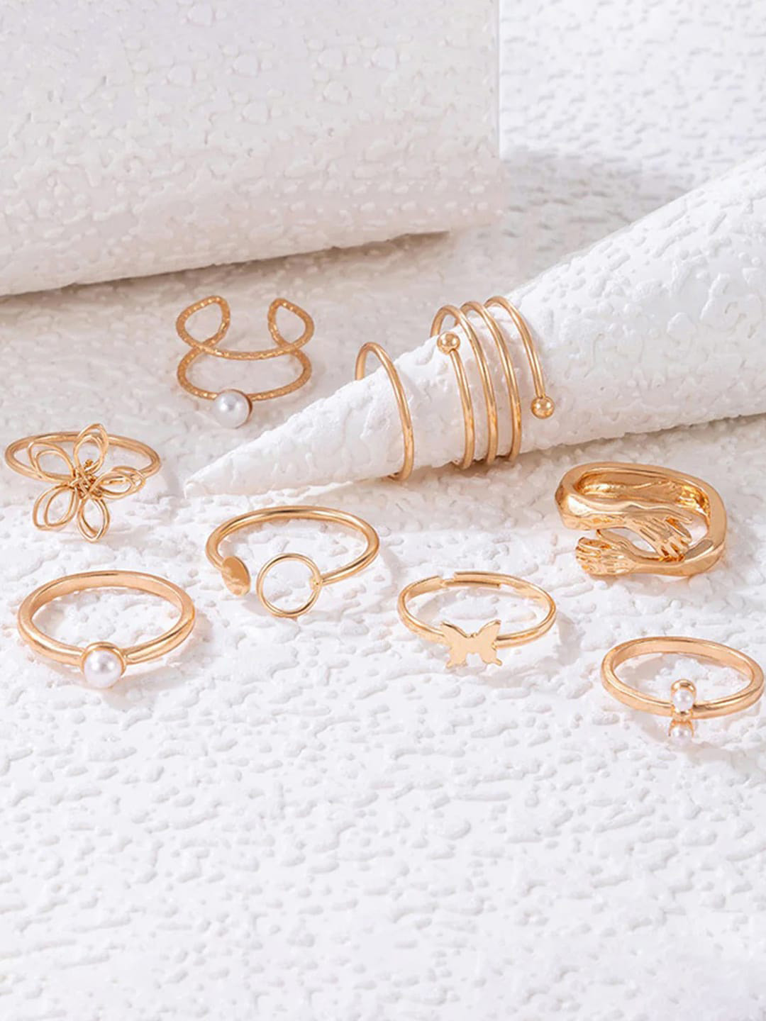 Jewels Galaxy Set Of 9 Gold-Plated Beaded Finger Rings