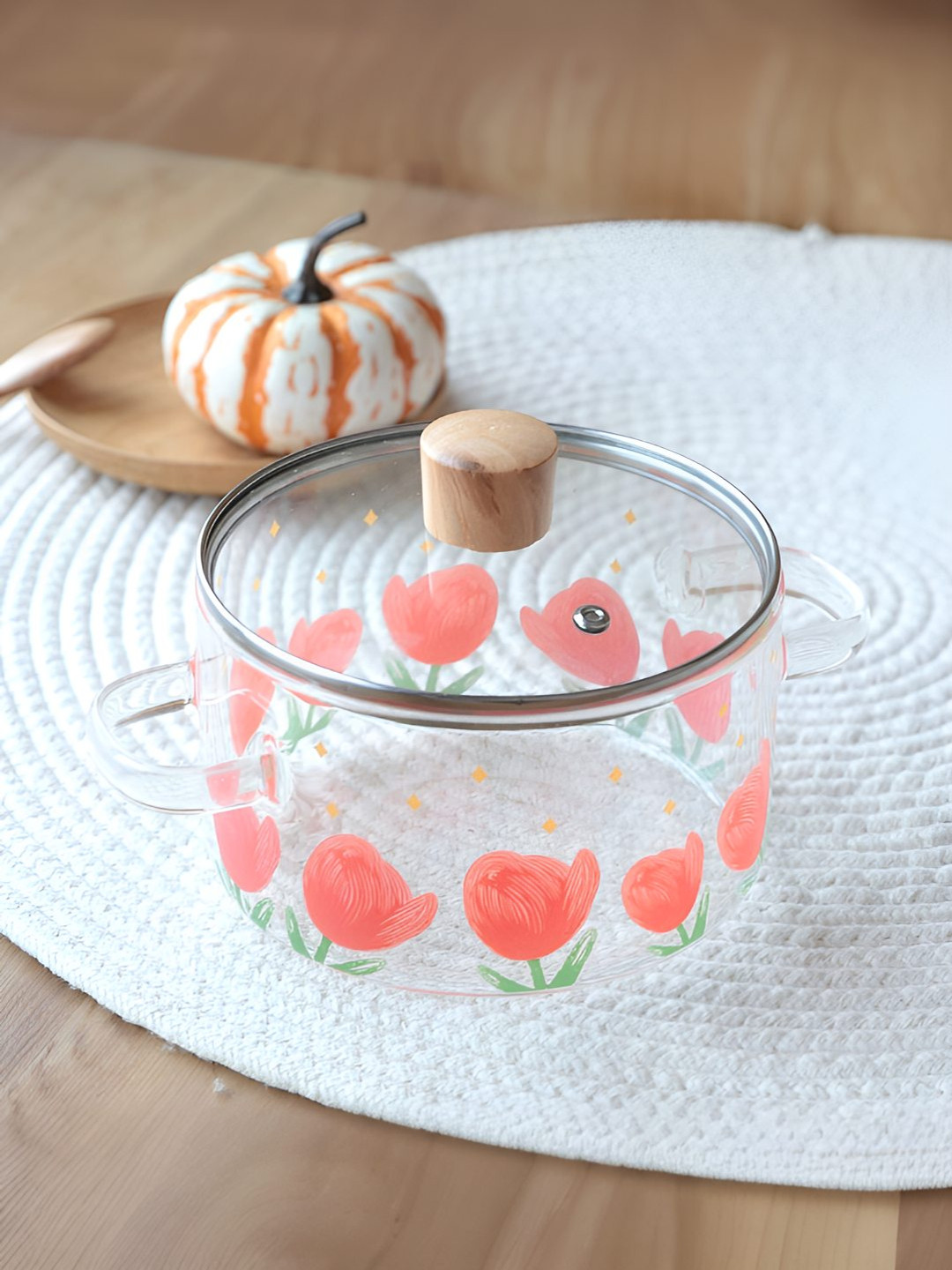 UMAI Transparent & Pink Printed Borosilicate Glass Tope With Lid & Handle-1.45L