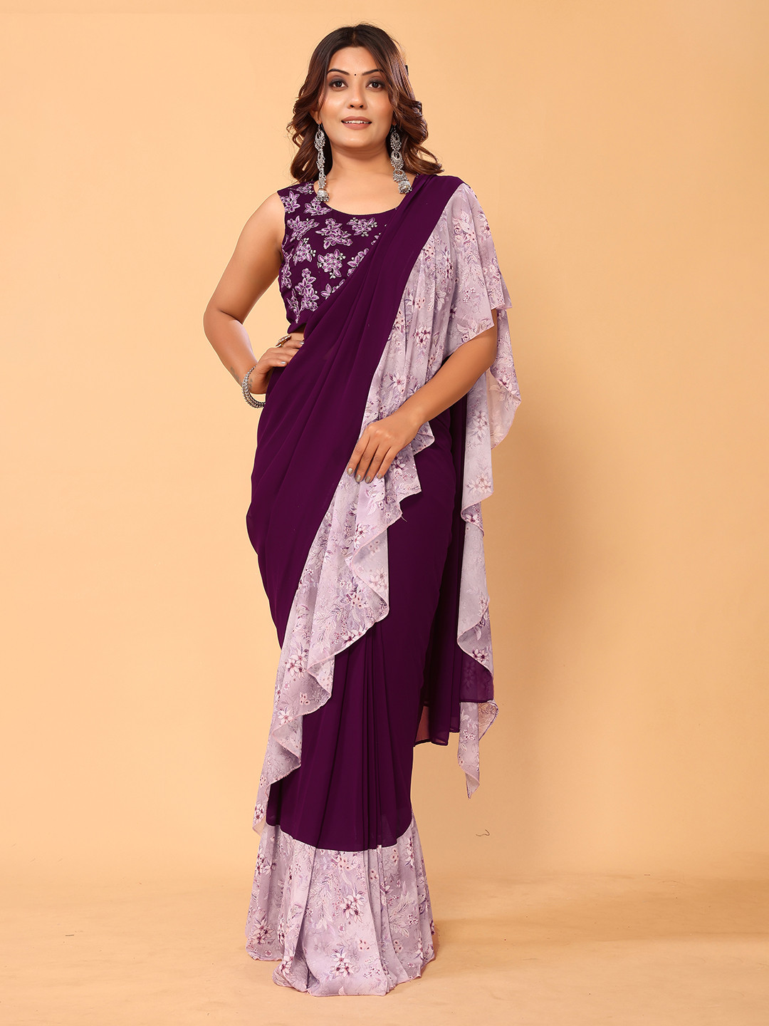 PATLANI STYLE Ruffled Pure Georgette Ready to Wear Saree With Unstitched Blouse