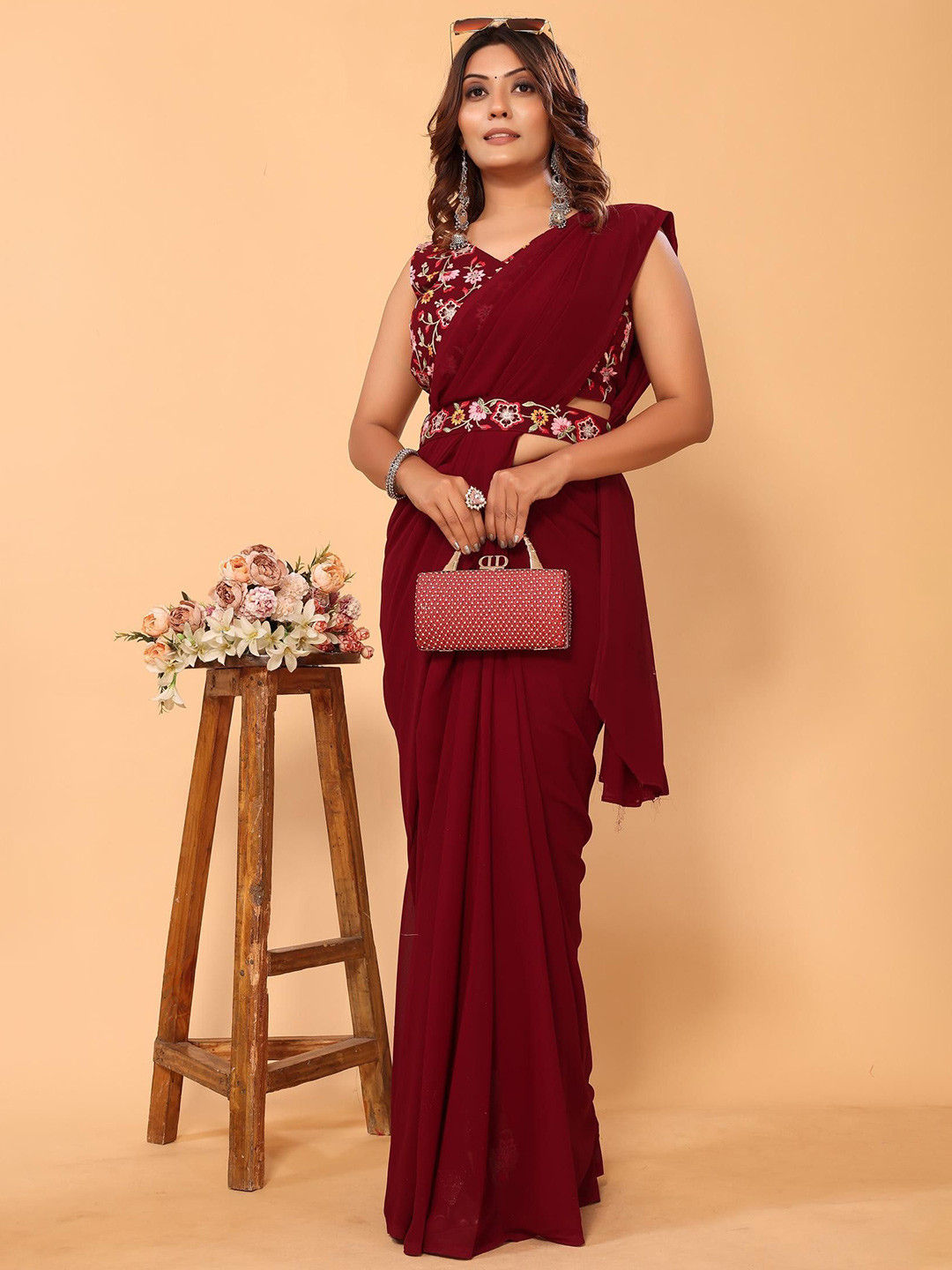 PATLANI STYLE Georgette Ready to Wear Saree with Unstitched Embroidered Blouse & Belt