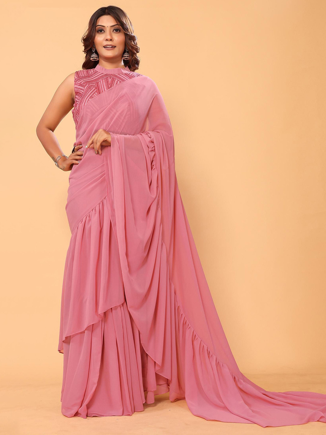 PATLANI STYLE Ruffled Georgette Ready to Wear Saree With Unstitched Blouse