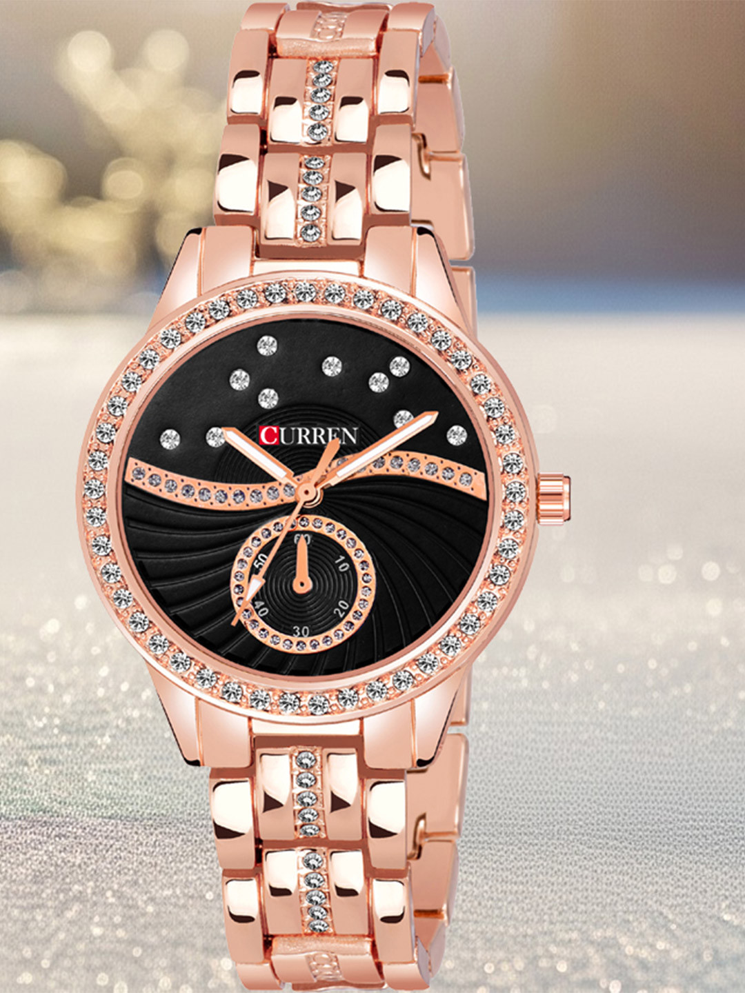 Curren Unisex Embellished Dial & Bracelet Style Straps Analogue Watch CR-1342-Rose-Black
