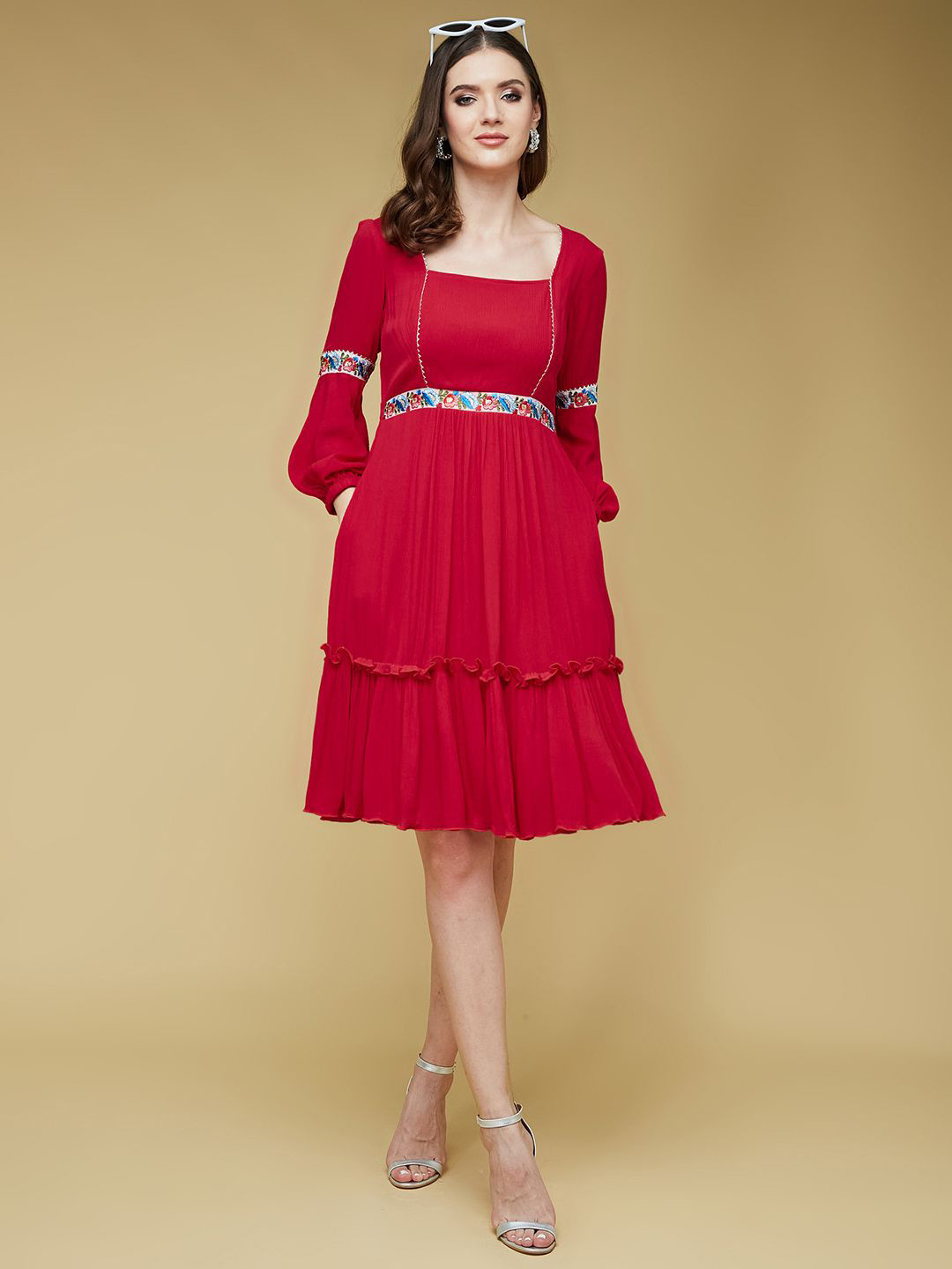 Life With Pockets Square Neck Embroidered Fit and Flare Dress