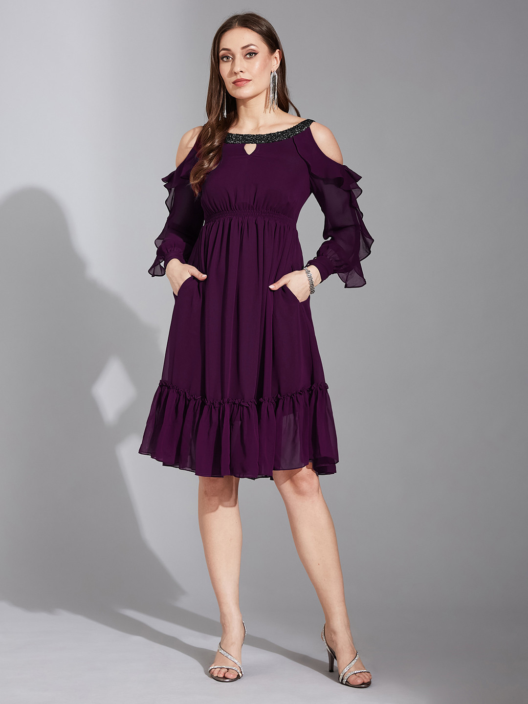 Life With Pockets Cold-Shoulder Georgette Empire Dress