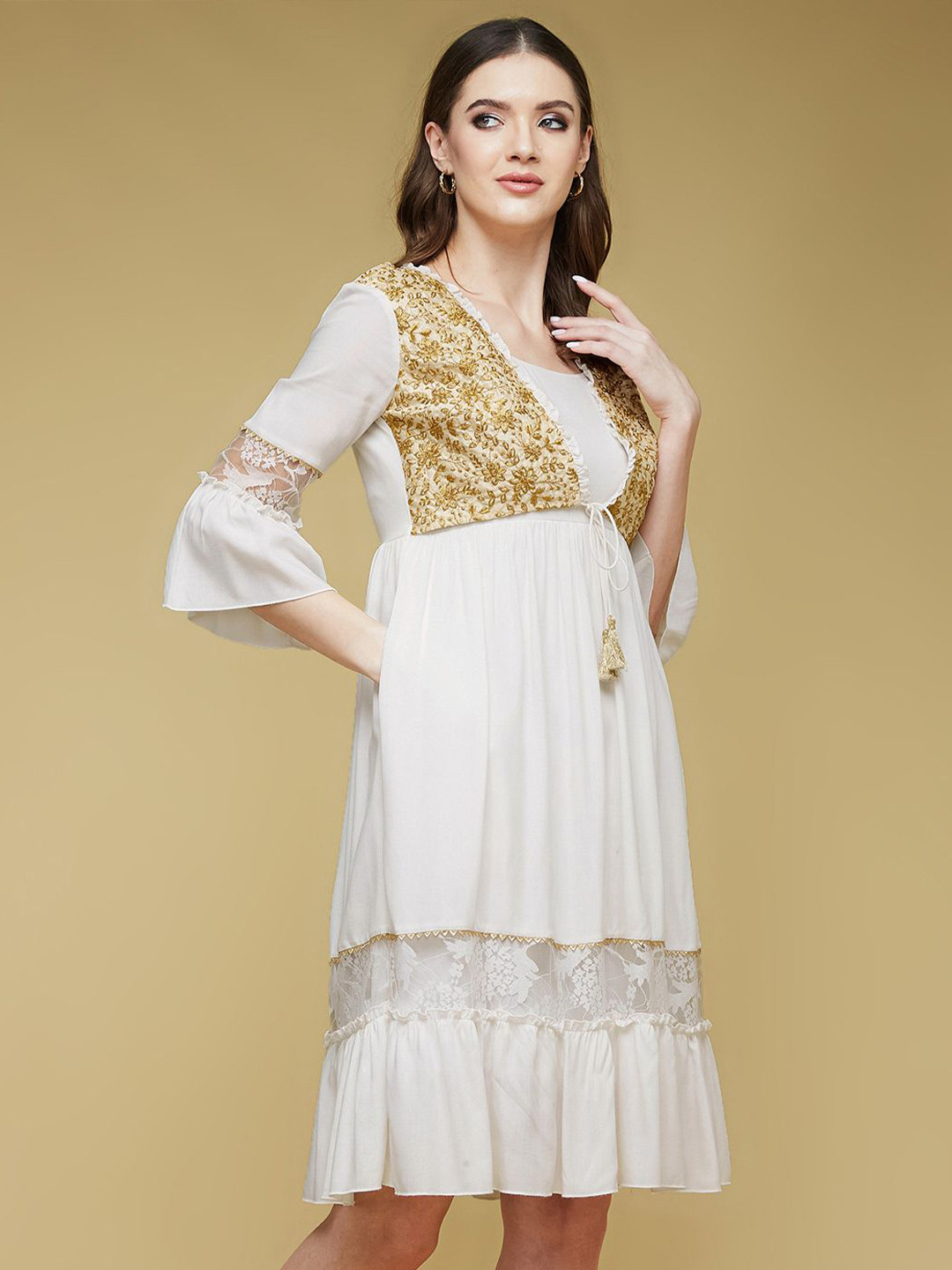 Life With Pockets Self Design V-Neck Bell Sleeve A-Line Dress