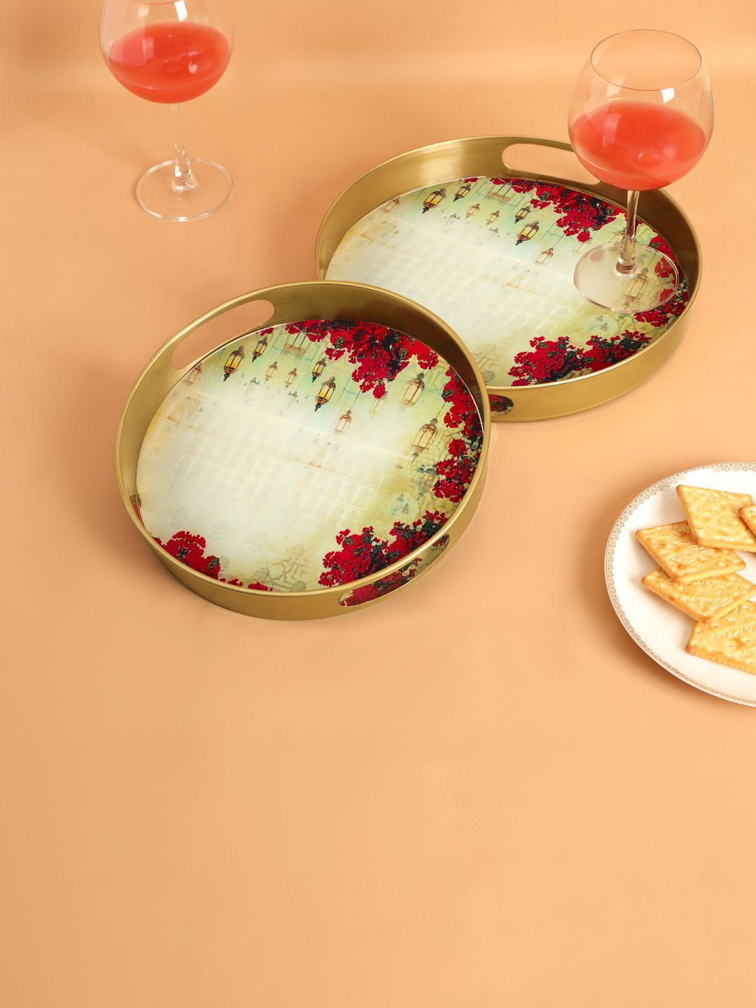 THE HOME CO. Gold Toned & Pink 2 Pieces Floral Printed Aluminium Round Serving Trays