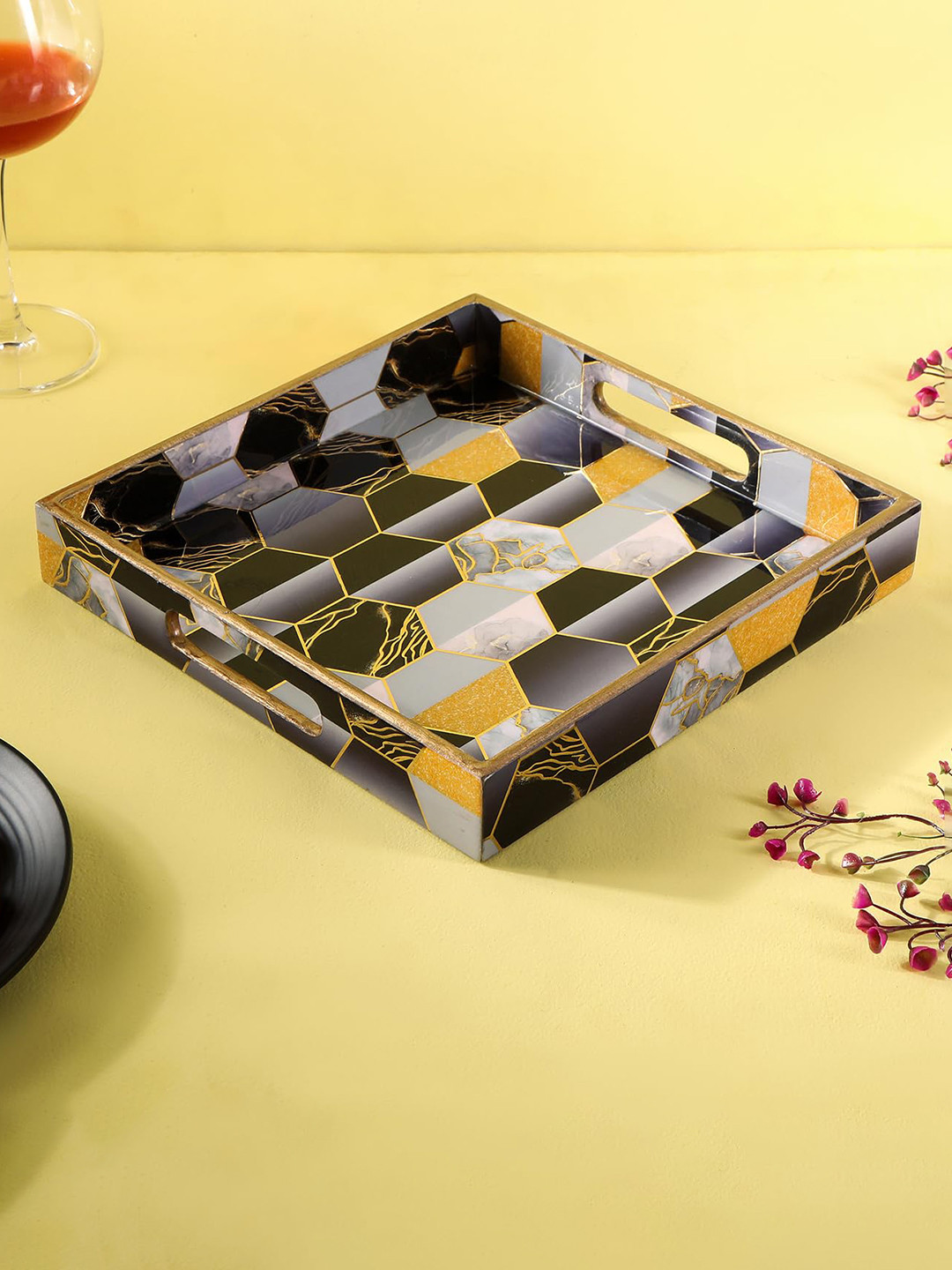 THE HOME CO.  Black & Grey Wood Square Serving Tray