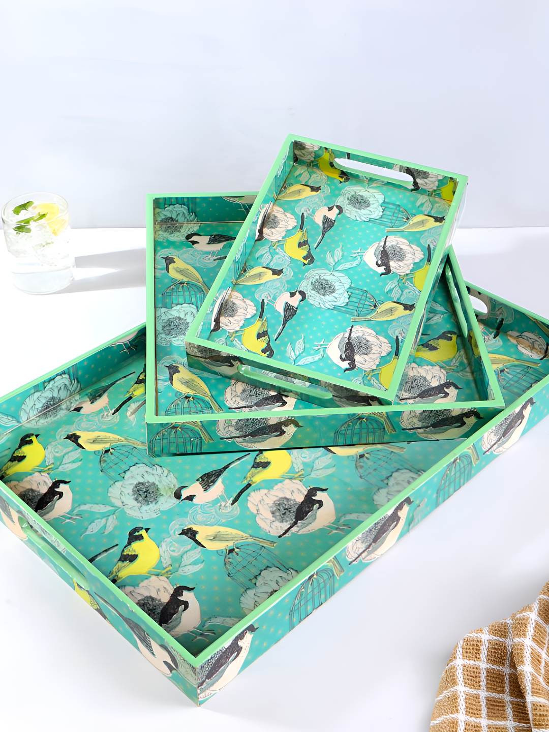 THE HOME CO. Green & Yellow 3 Pieces Floral Printed Wooden Rectangle Serving Trays