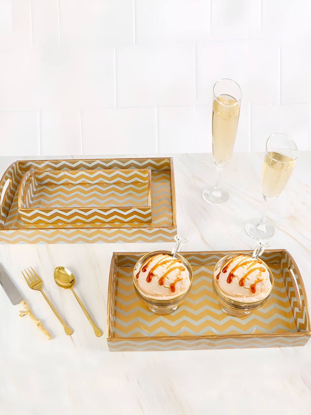 THE HOME CO. 3-Pcs Grey & Beige Geometric Printed Rectangle Wooden Serving Trays