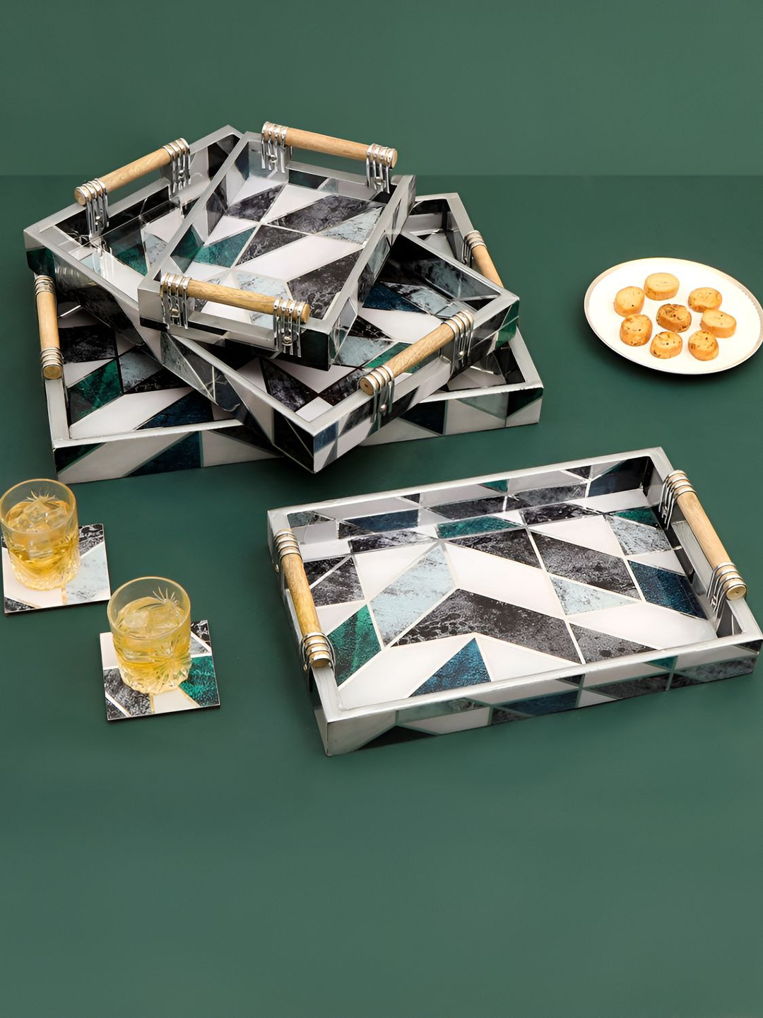 THE HOME CO. 4 Pcs Green & Grey Wood Serving Trays With Mosaic Design