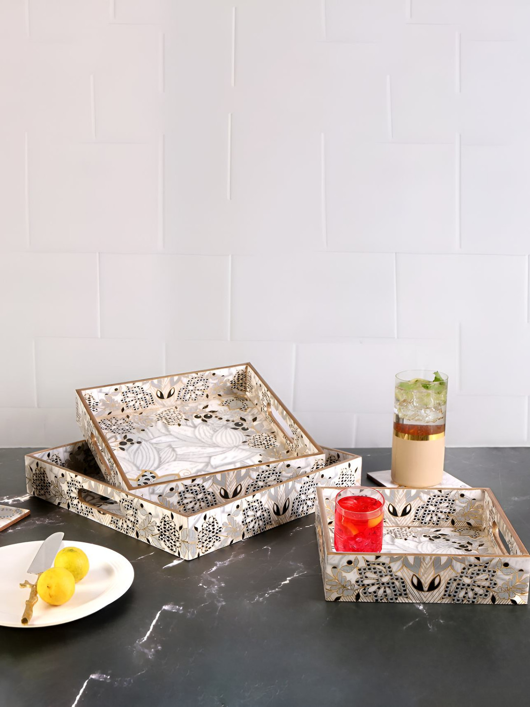 THE HOME CO. 3 Pcs Black & White Wood Square Serving Tray