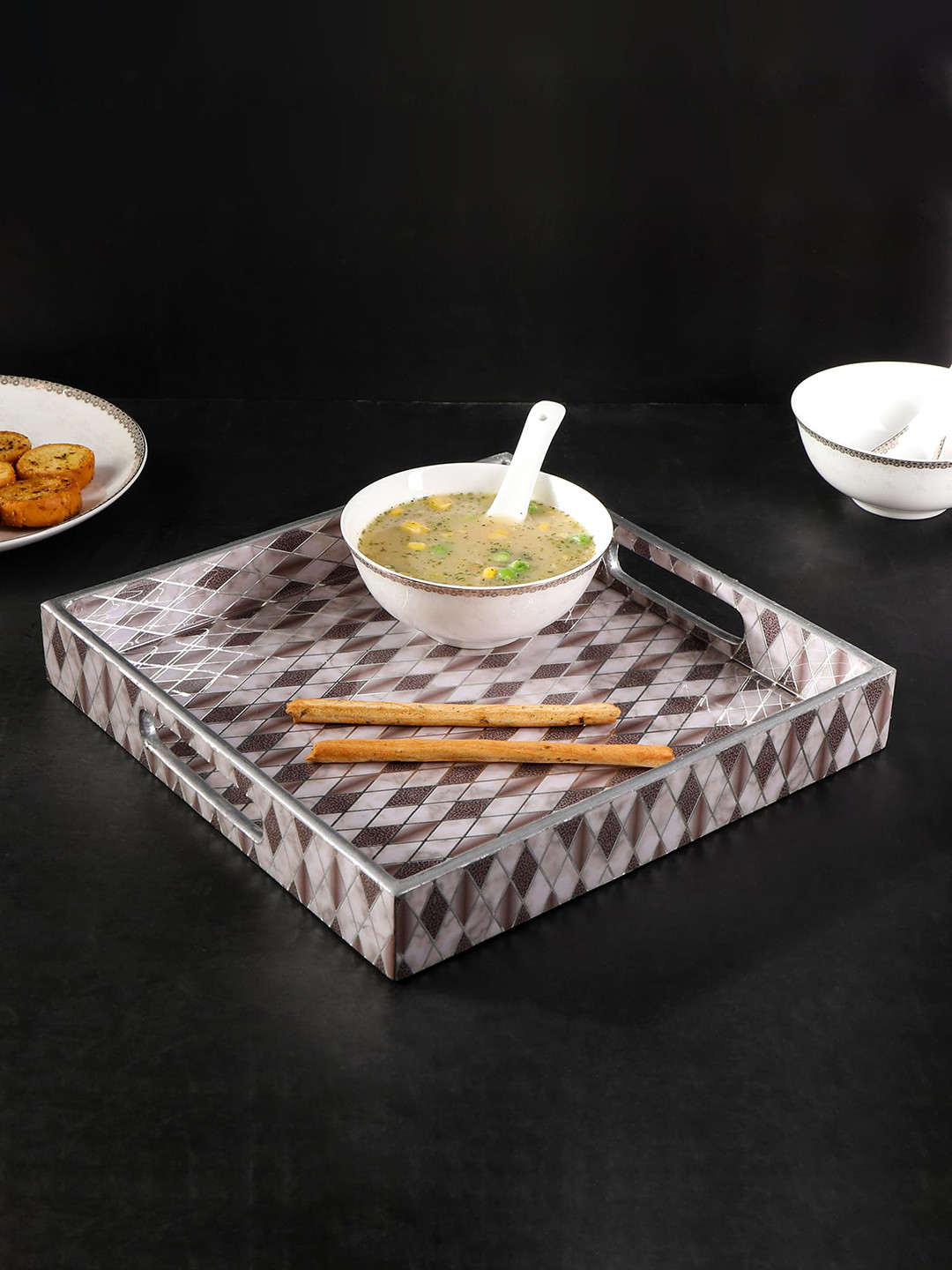 THE HOME CO. Grey Brown Geometric Printed Wooden Square Serving Tray