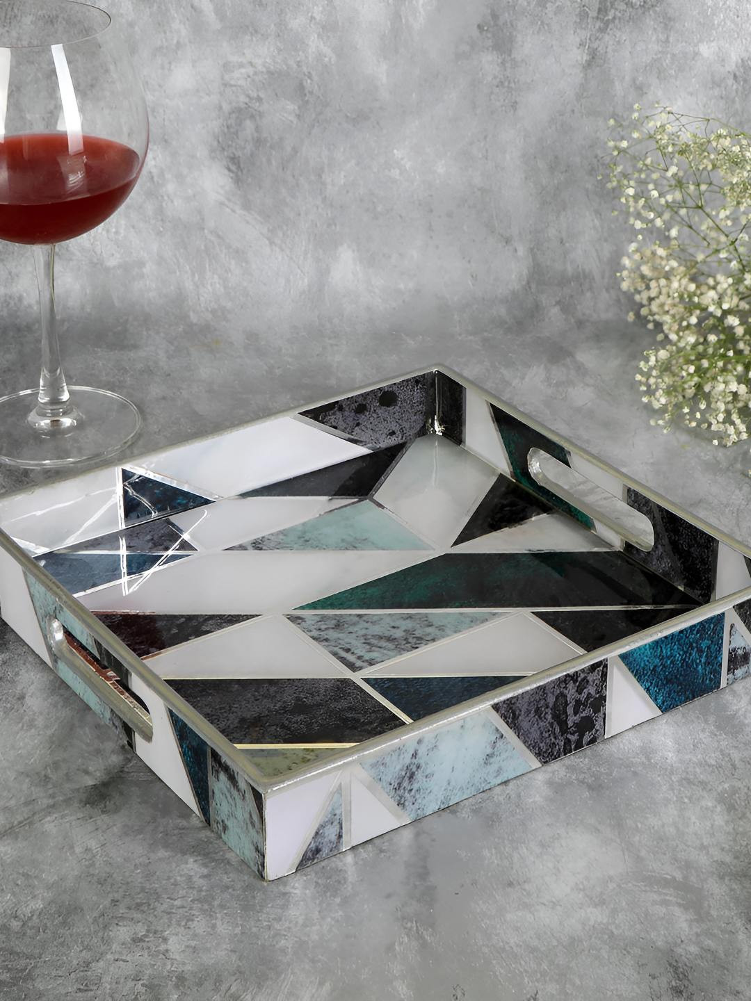 THE HOME CO. White & Green Geometric Printed Square Wooden Serving Trays