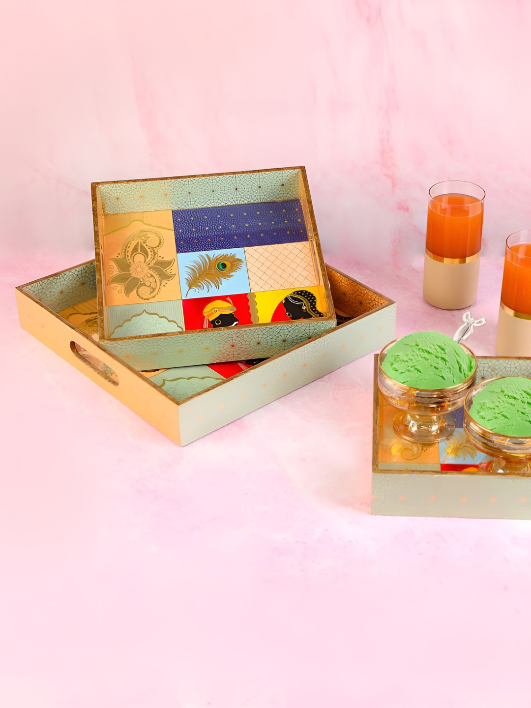 THE HOME CO. Grey & Blue 3 Pieces Floral Printed Wooden Rectangle Serving Trays