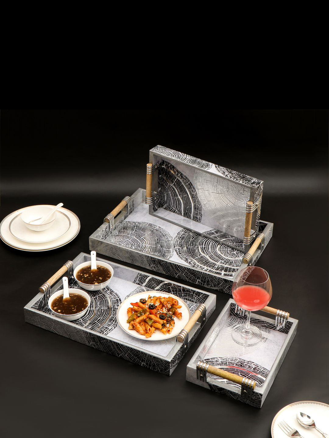 THE HOME CO. Grey & White 4 Pieces Abstract Printed Rectangle Wooden Serving Trays