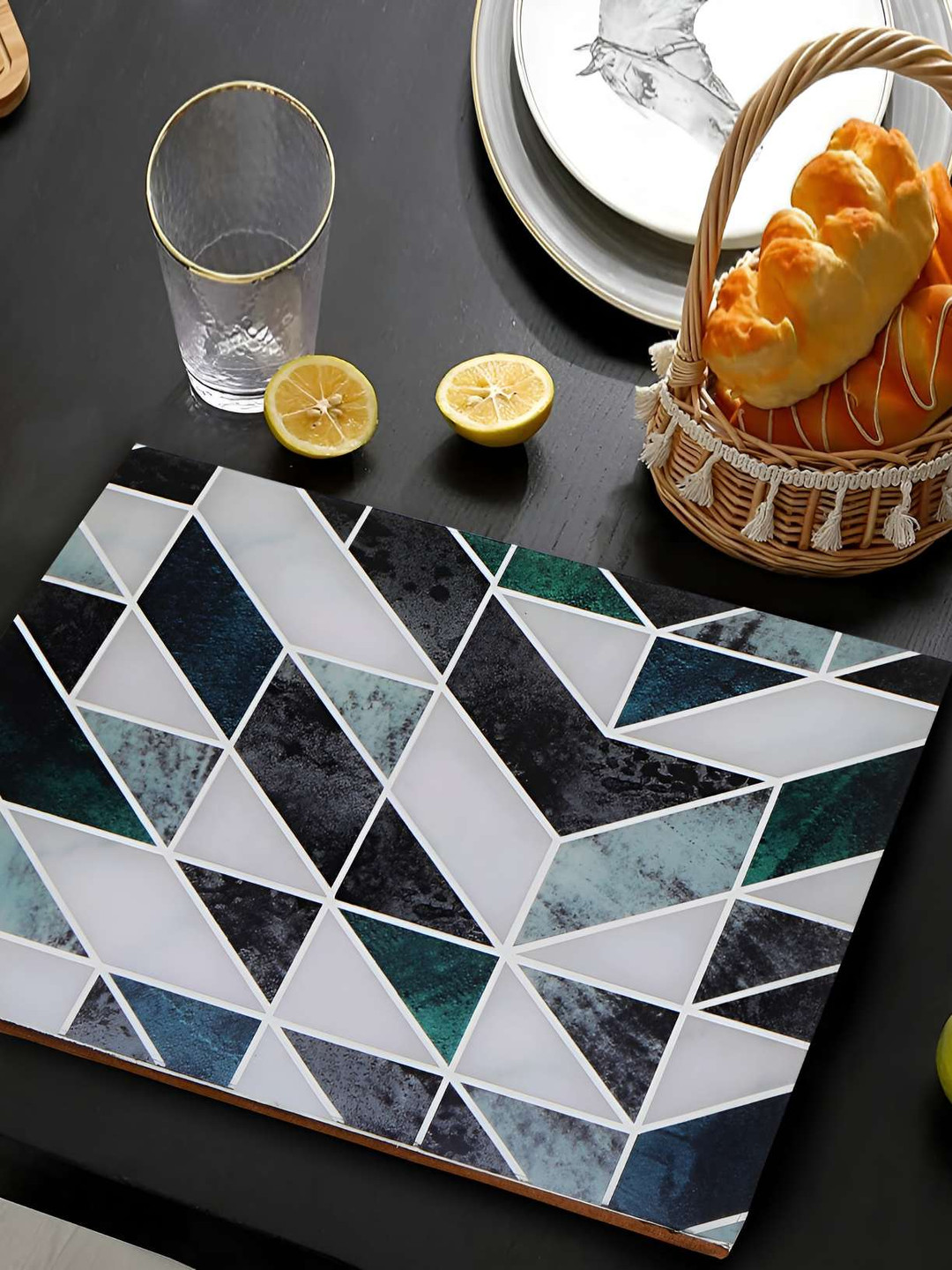 THE HOME CO. Green & Grey Geometric Printed Rectangle Table Placemat