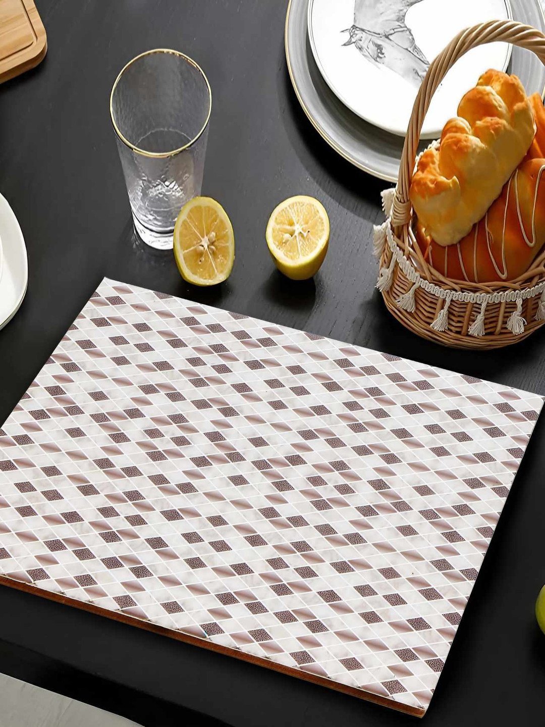 THE HOME CO. Grey & Brown Geometric Printed Rectangle Table Placemat