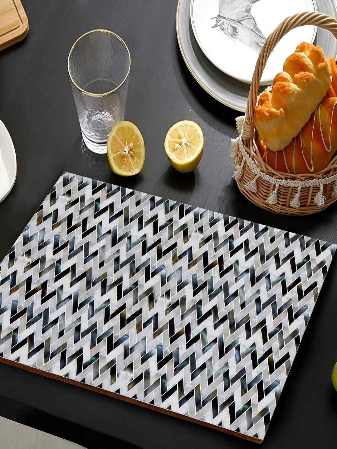 THE HOME CO.  White & Black Geometric Printed Rectangle Table Placemat