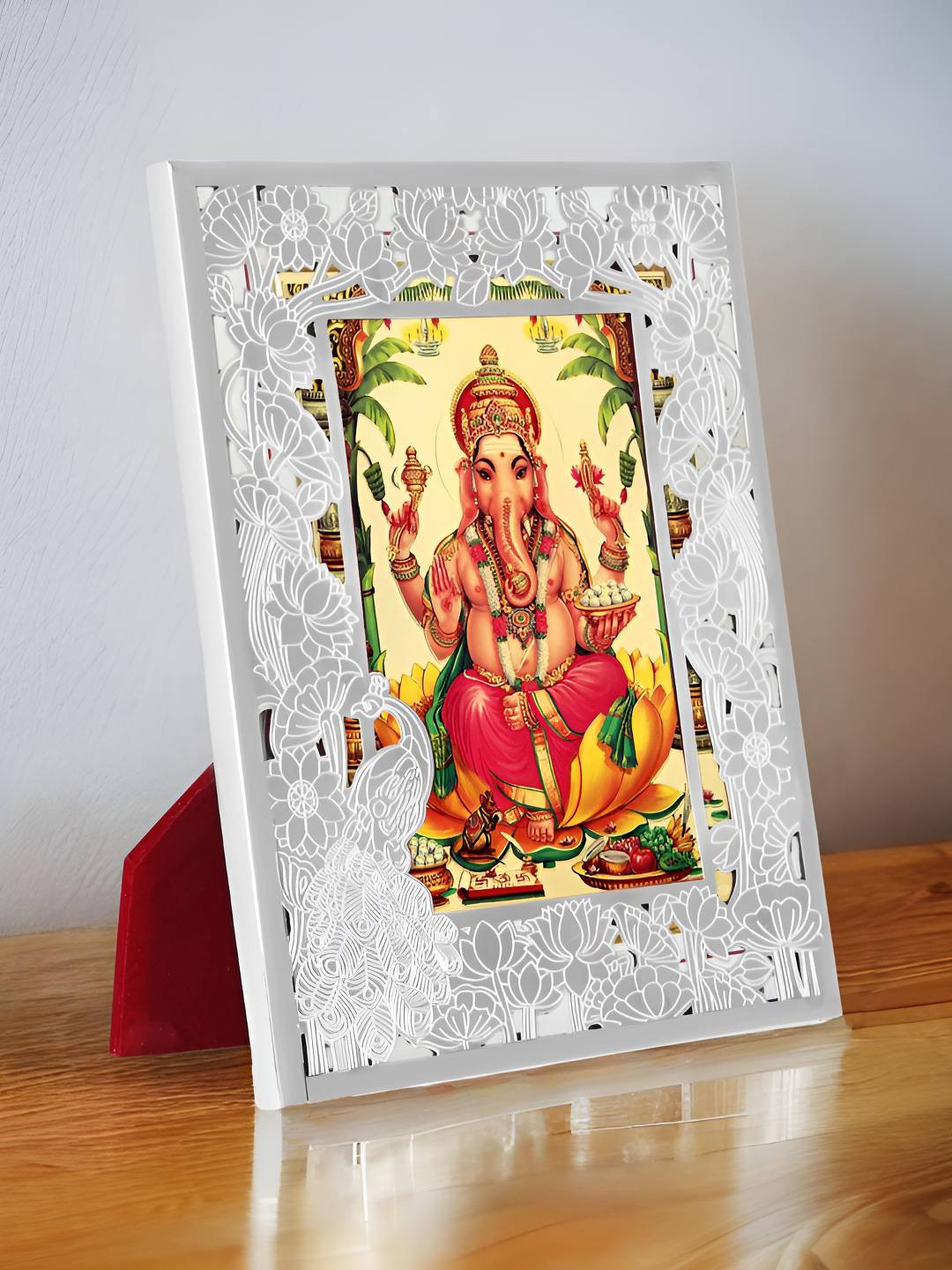 THE HOME CO. Silver Toned & Red Self Design Metal Table Photo Frame