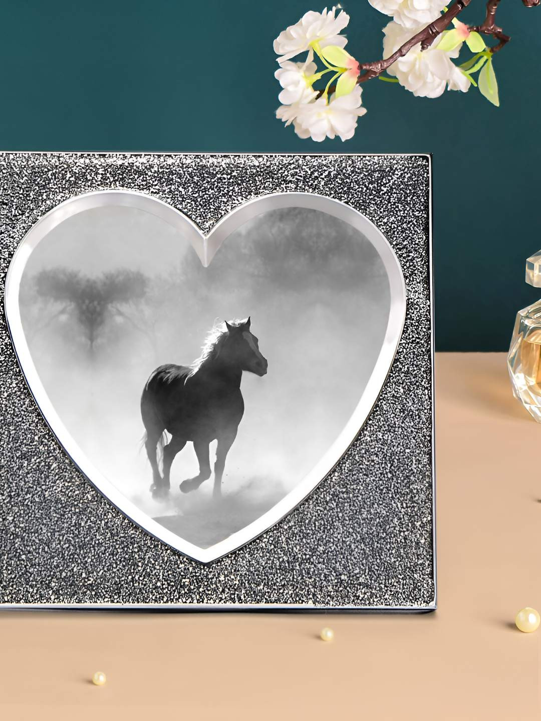 THE HOME CO. Silver Toned & Black Self Design Glass Table Photo Frame