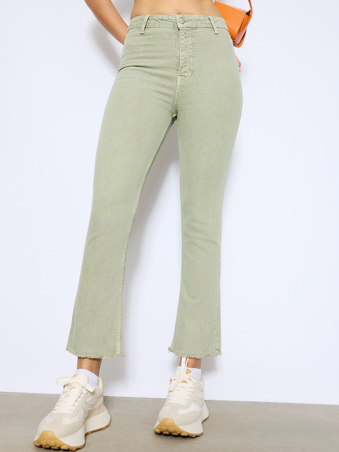 FREAKINS Women Khaki Mid-Rise Clean Look Coloured Shade Cropped Flared Jeans