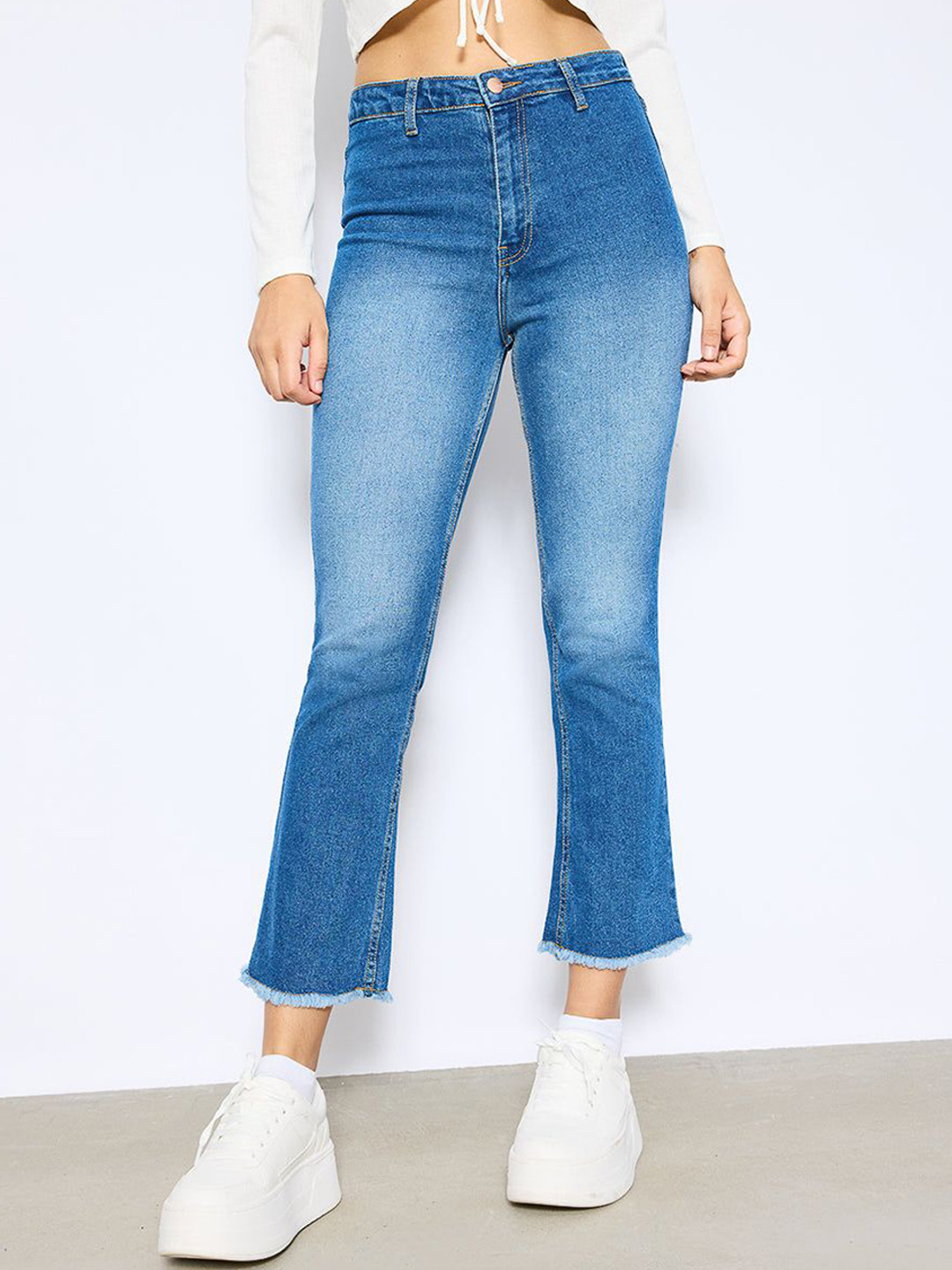 FREAKINS Women Blue High-Rise Clean Look Light Fade Cropped Flared Jeans