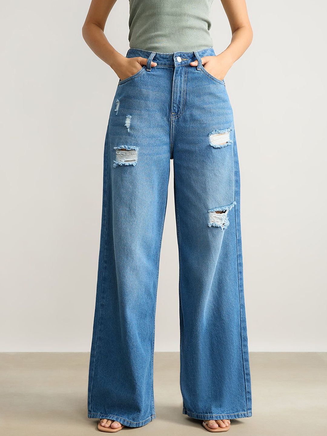 Buy FREAKINS Women Blue Wide Leg High-Rise Light Fade Mildly Distressed  Ripped Cotton Jeans - Jeans for Women 29742550 | Myntra