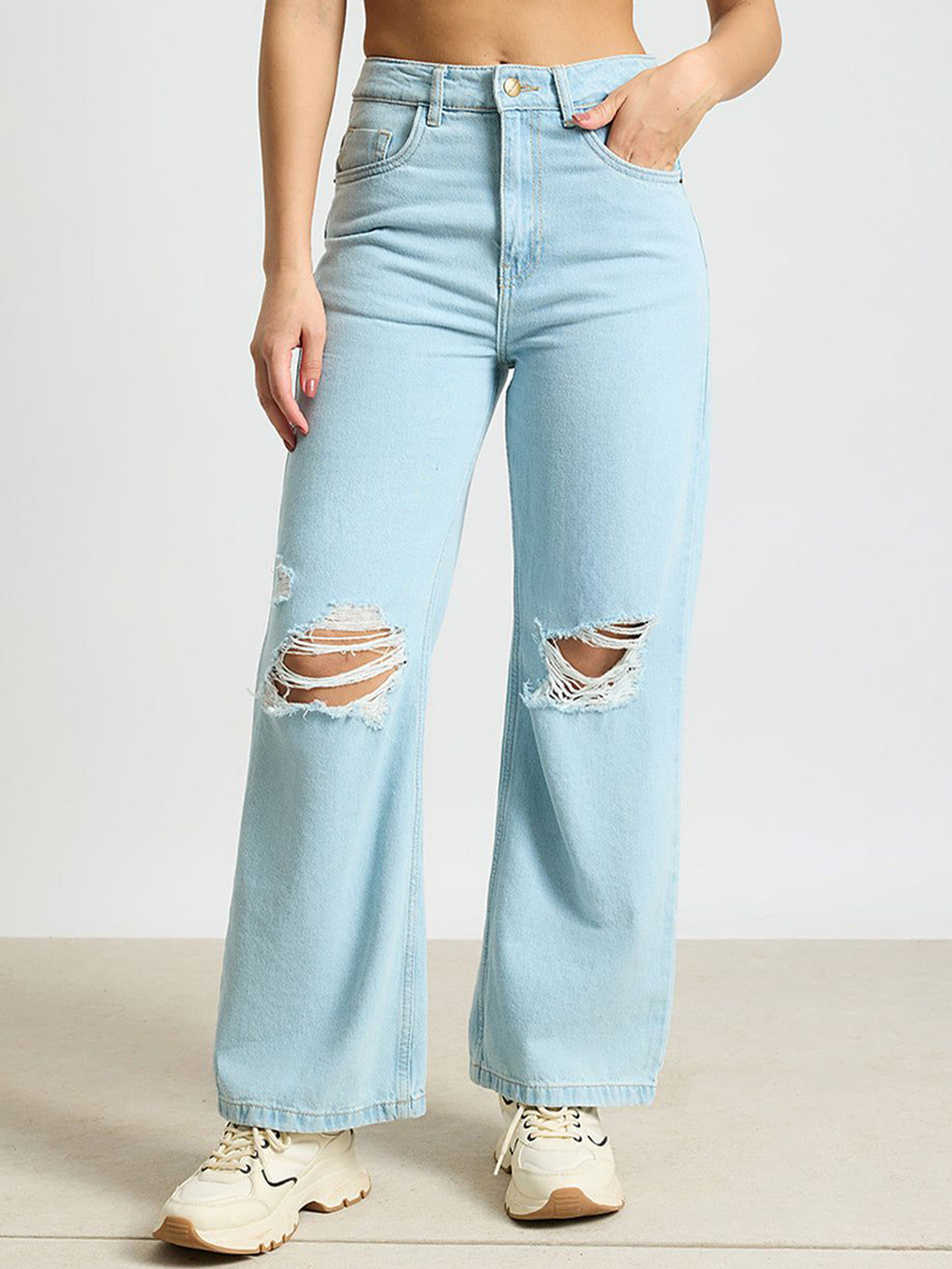 FREAKINS Women Blue Wide Leg Mid-Rise Highly Distressed Light Fade Cotton Ripped Jeans