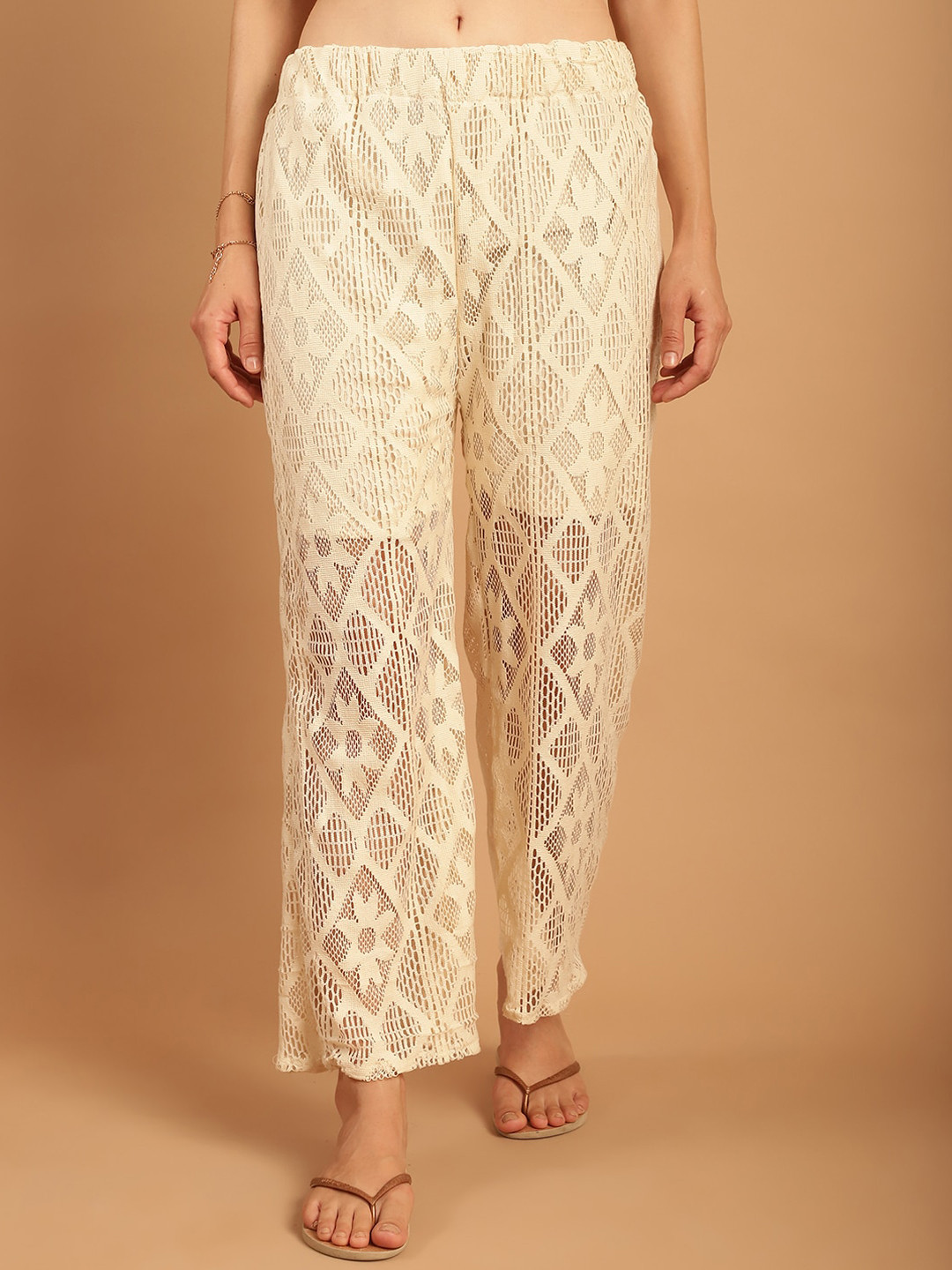 TAG 7 Women Ethnic Motifs Relaxed Straight Leg Mid-Rise Cotton Crotchet Parallel Trousers