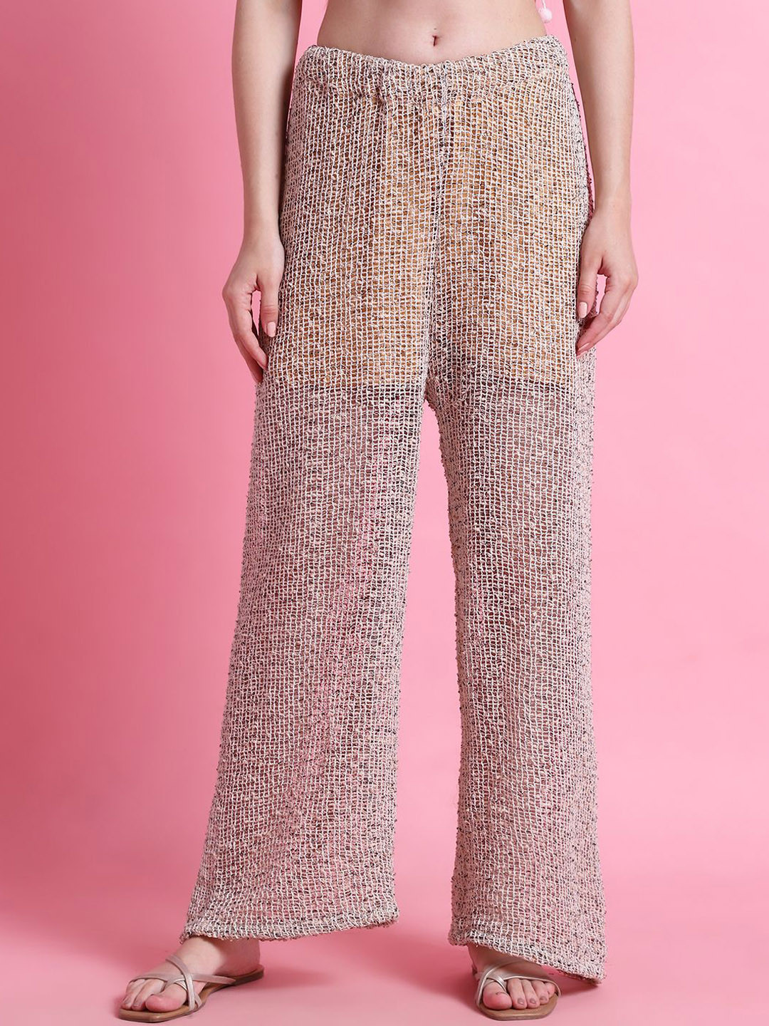 TAG 7 Women Textured Relaxed Straight Leg Mid-Rise Cotton Crotchet Parallel Trousers