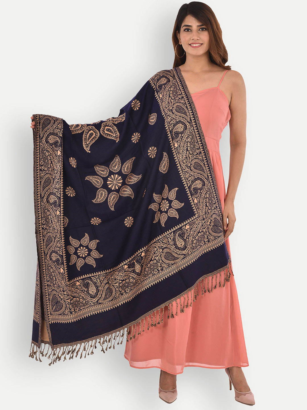BAISA Floral Woven Design Tasselled Border Acrylic & Wool Shawl