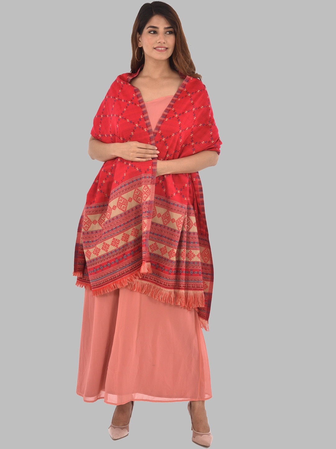 BAISA Geometric Woven Design Fringed Border Acrylic Shawl