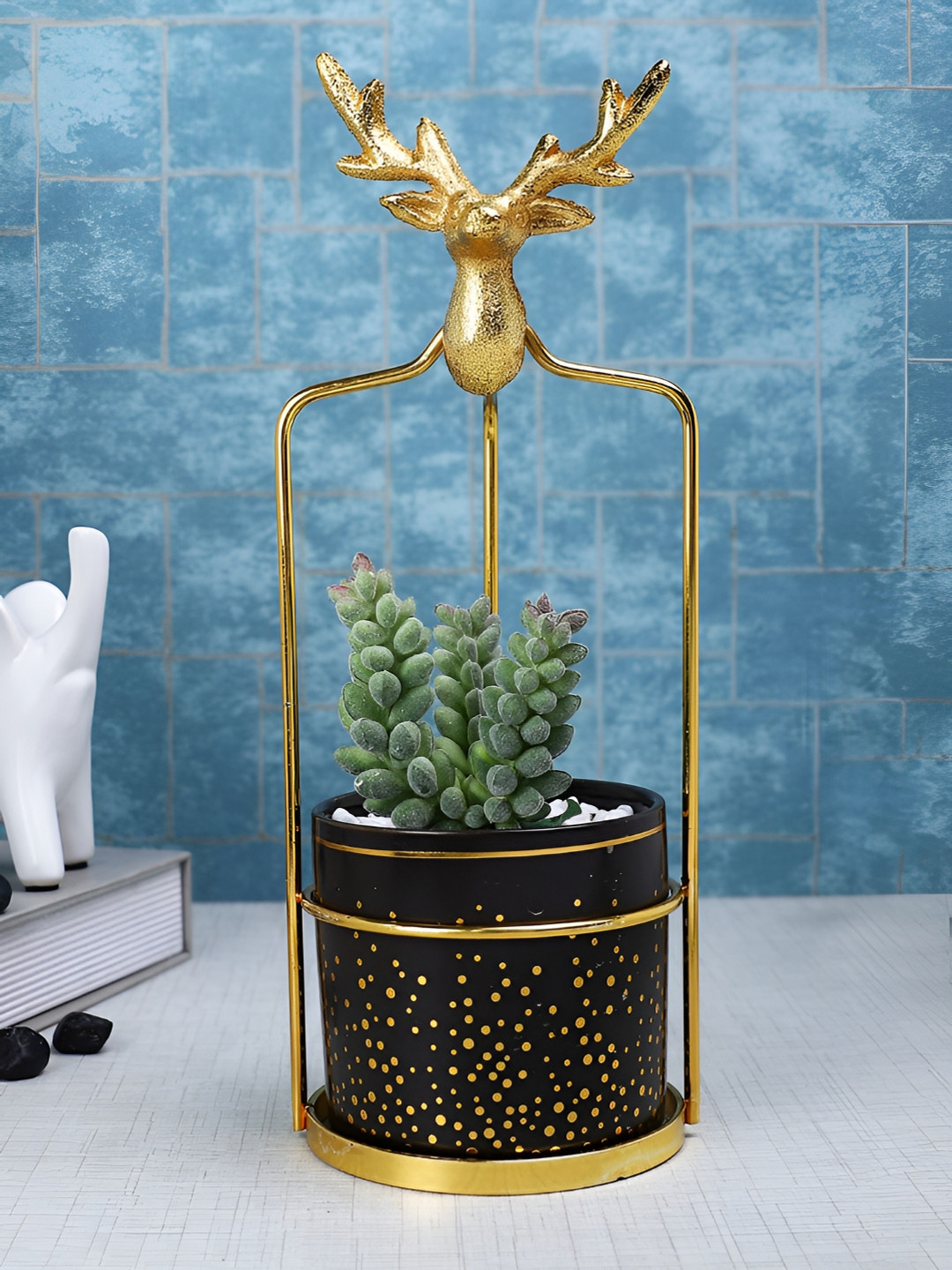 TAYHAA Green & Gold Toned Succulent Artificial Plant With Ceramic Pot