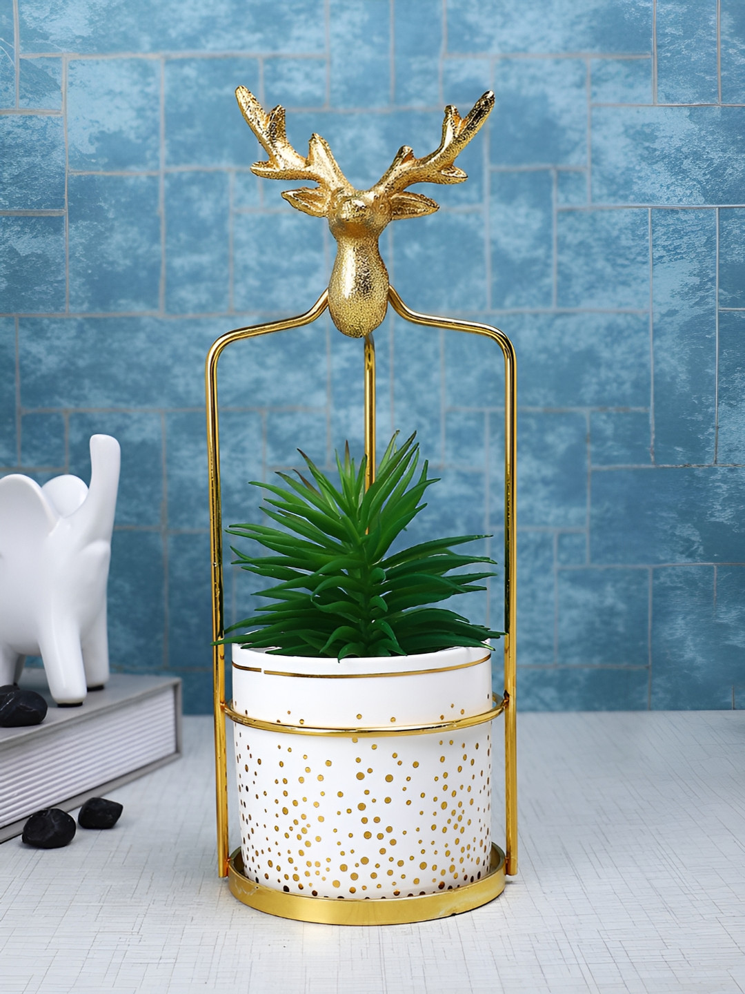 TAYHAA Green & Gold Toned Artificial Plant With Ceramic Pot