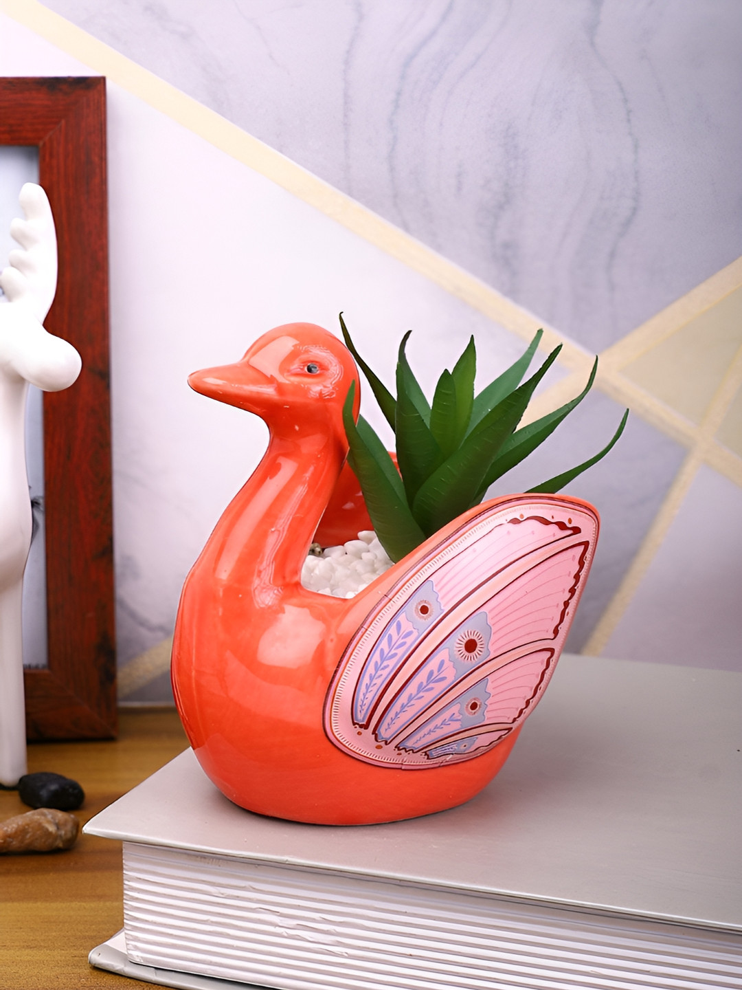TAYHAA Red & Green Aloe Vera Artificial Plant With Swan Ceramic Pot