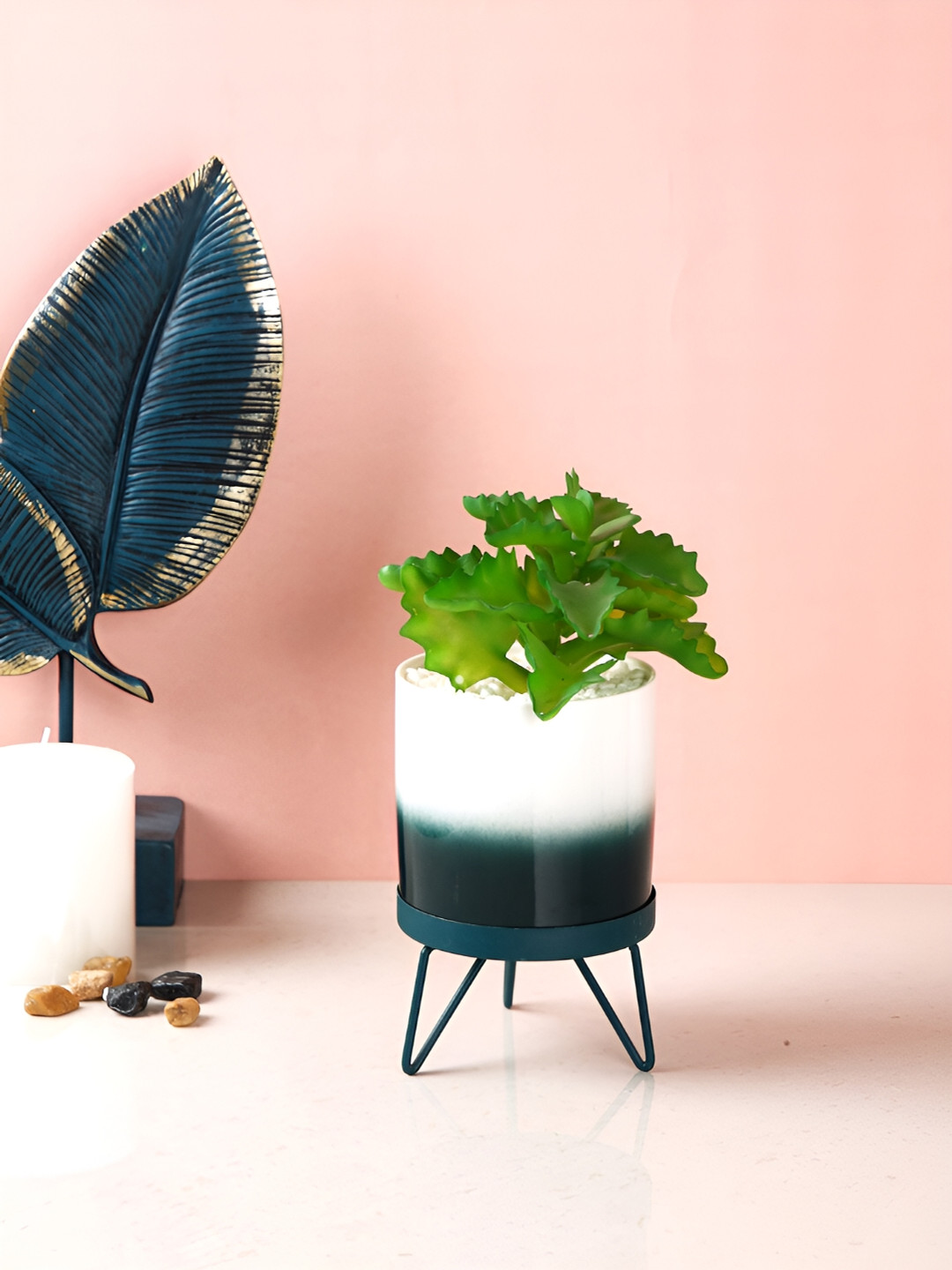 TAYHAA White & Green Fern Artificial Plant With Ceramic Pot