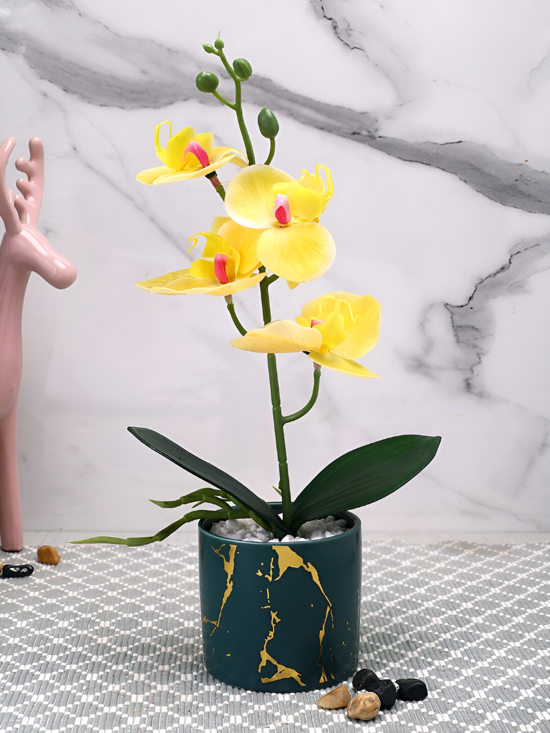 TAYHAA Yellow & Green Orchid Artificial Flower With Ceramic Pot