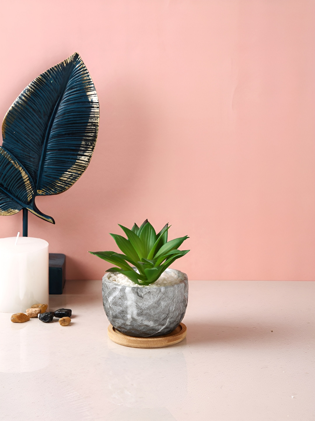 TAYHAA Green & Grey Aloe Vera Artificial Plant With Pot & Plate