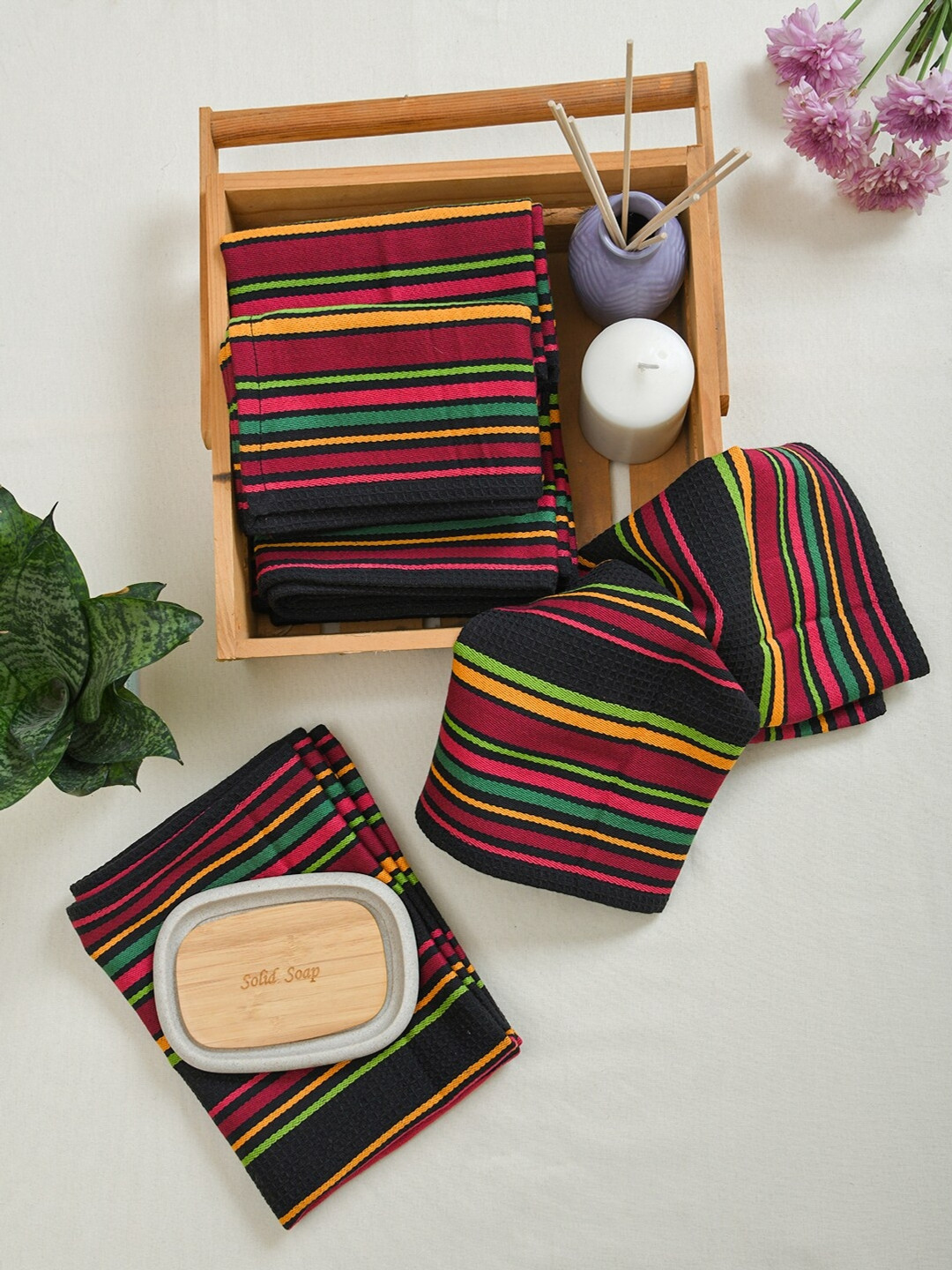 Aura Maroon & Black 6 Pieces Striped 170 GSM Hand Towels